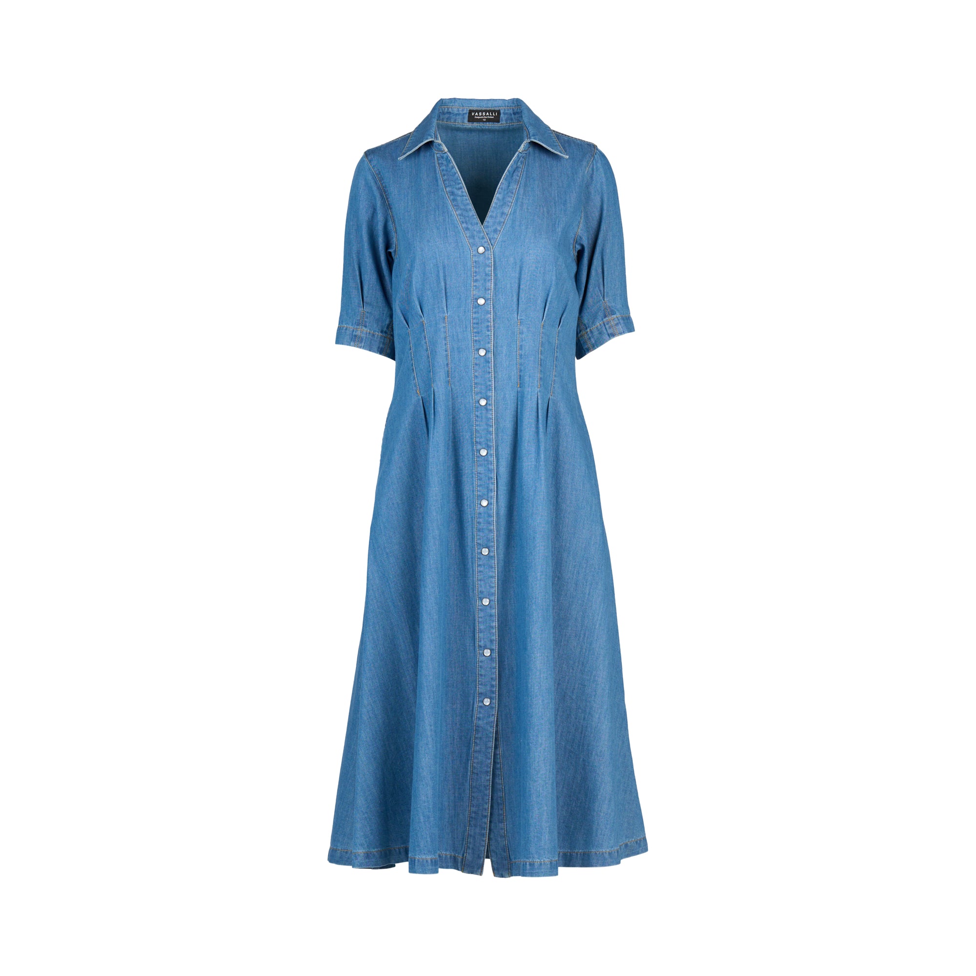 Vassalli Cap Sleeve Button Up Dress - Mid Wash