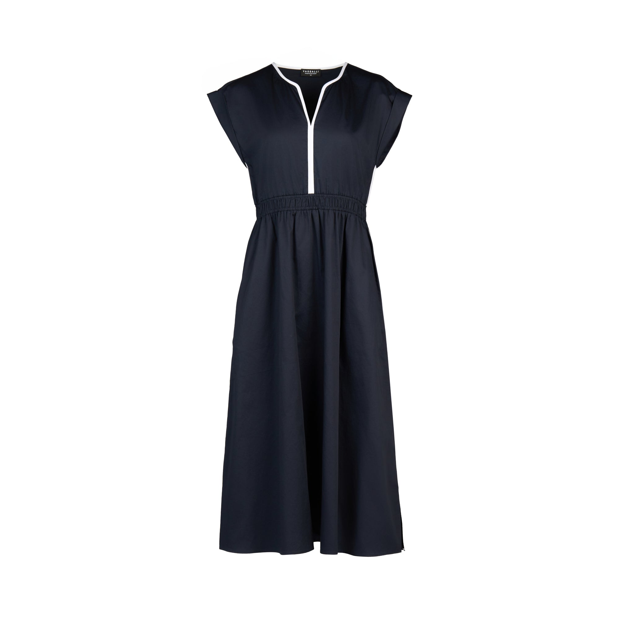 Vassalli V-Neck Shirred Waist Dress - Ink/White