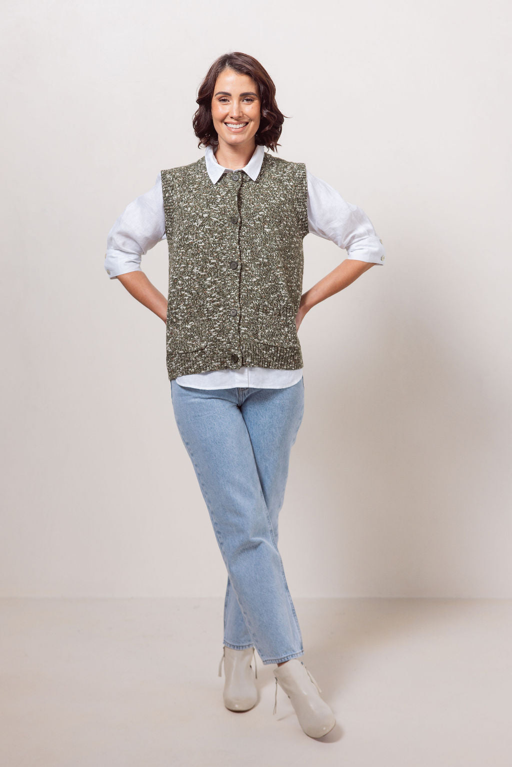 See Saw Button Front Vest - Khaki Speckle