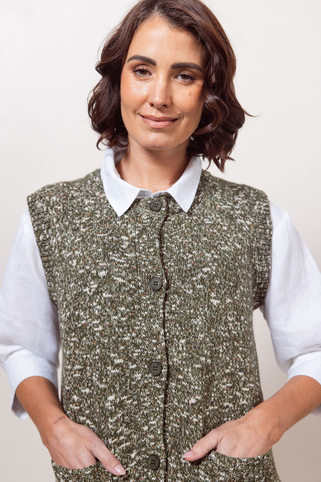 See Saw Button Front Vest - Khaki Speckle