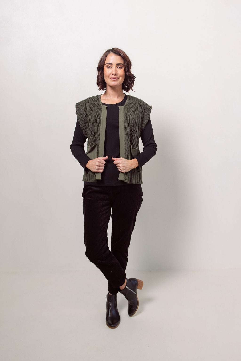 See Saw Woven Trim Knit Vest - Khaki