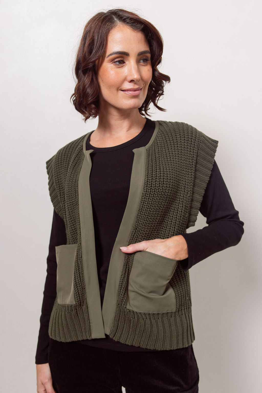 See Saw Woven Trim Knit Vest - Khaki