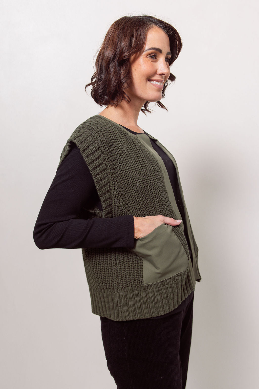 See Saw Woven Trim Knit Vest - Khaki