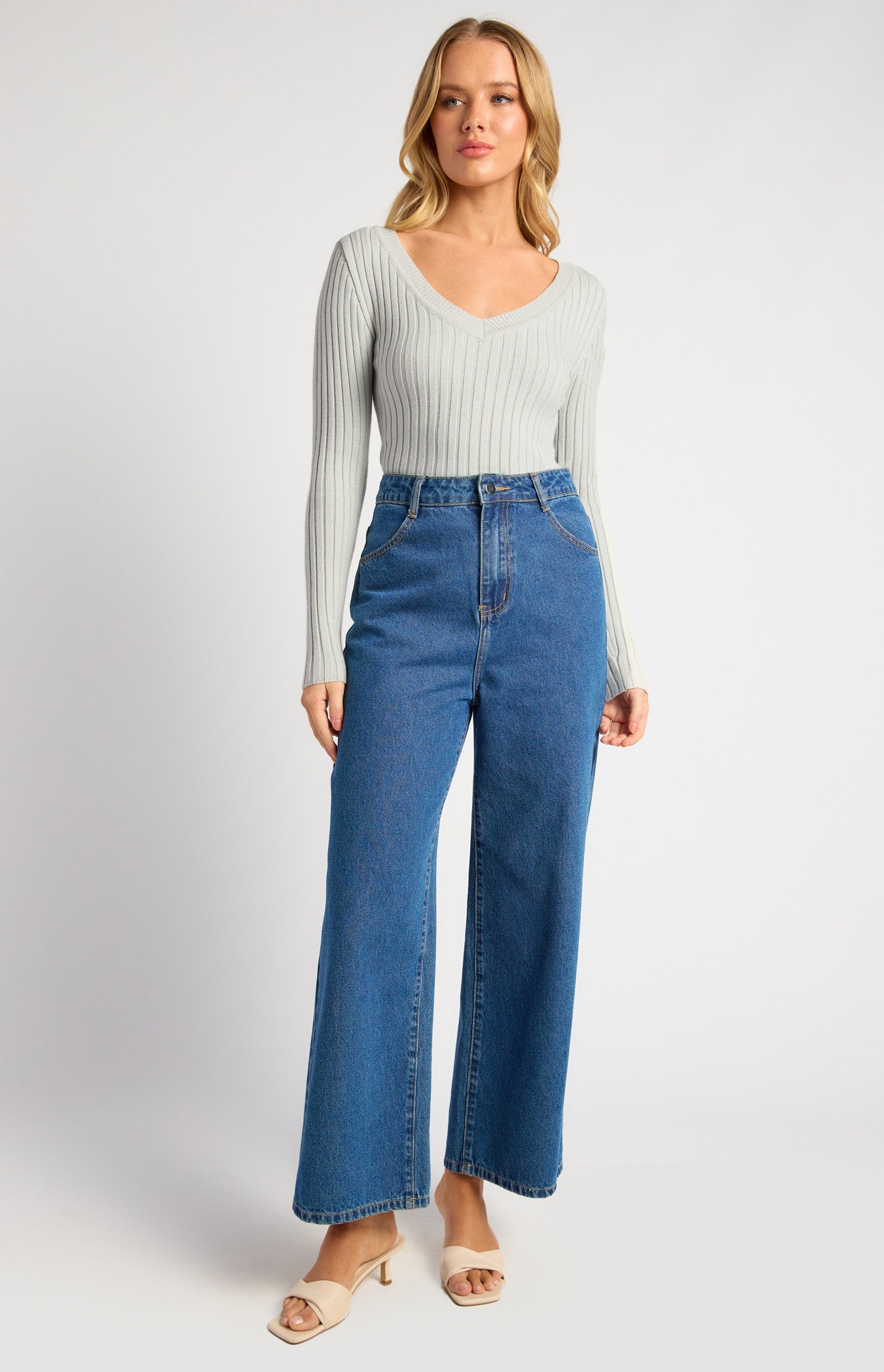 Style State V Neckline Wide Rib Knit Top - Grey