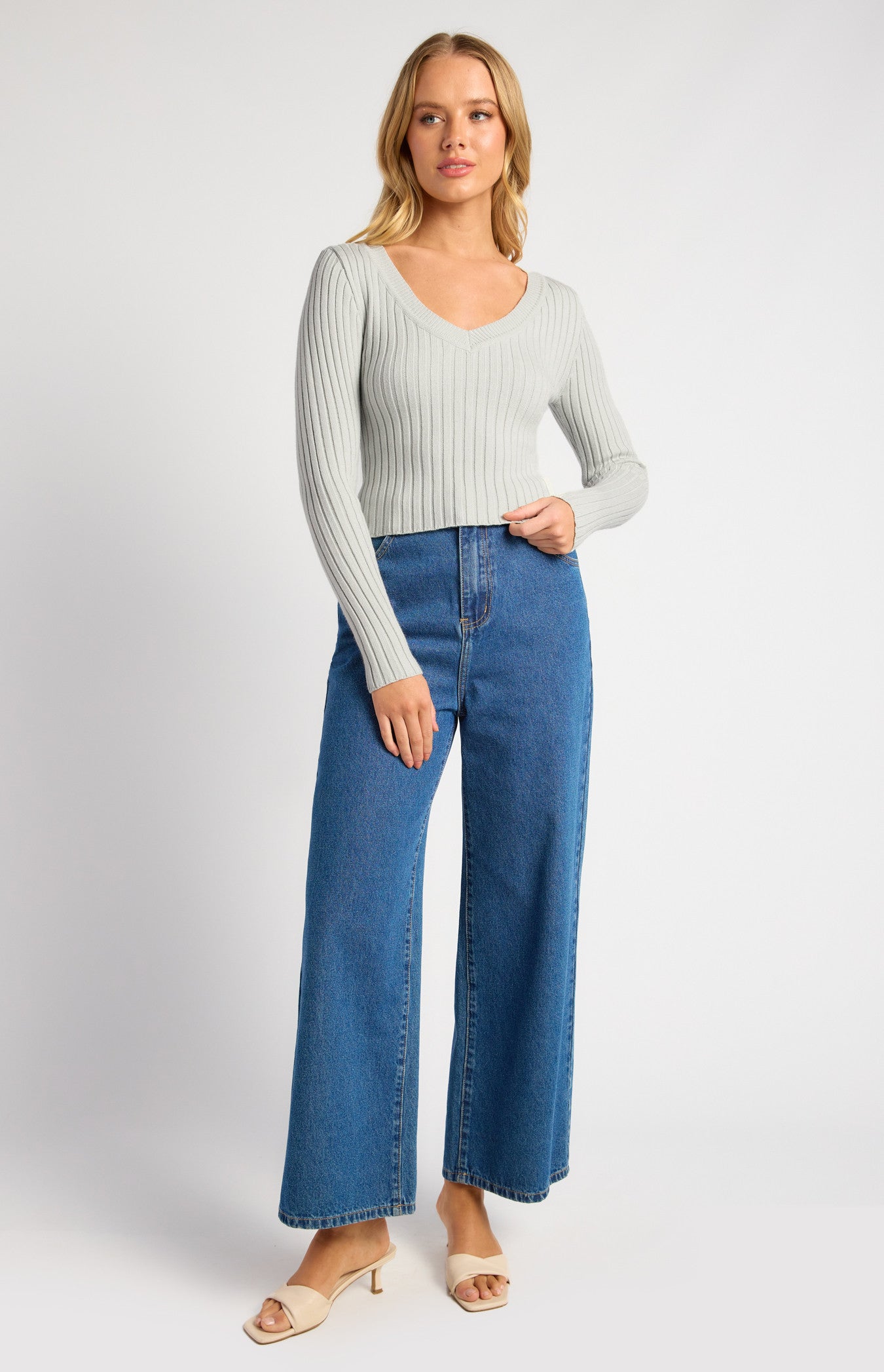 Style State V Neckline Wide Rib Knit Top - Grey