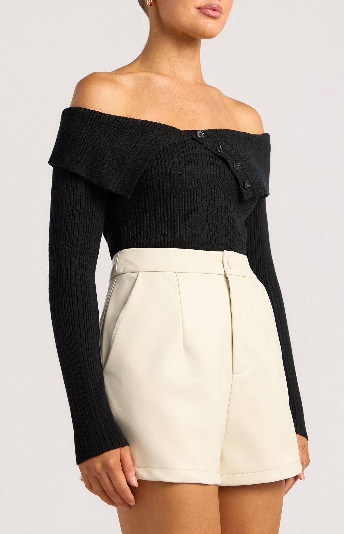 Style State Off Shoulder Unbuttoned Neckline Detail Knit - Black