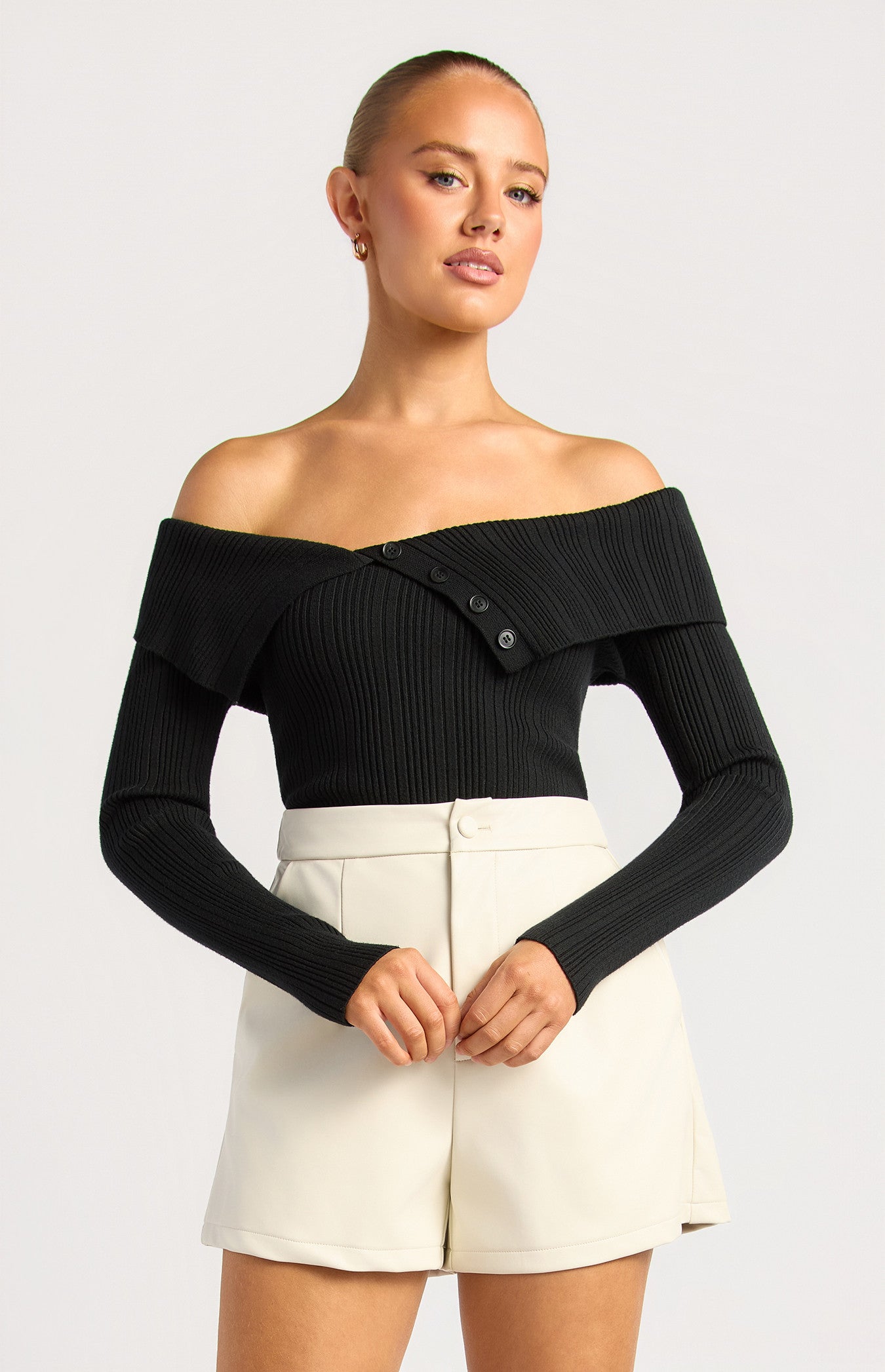 Style State Off Shoulder Unbuttoned Neckline Detail Knit - Black