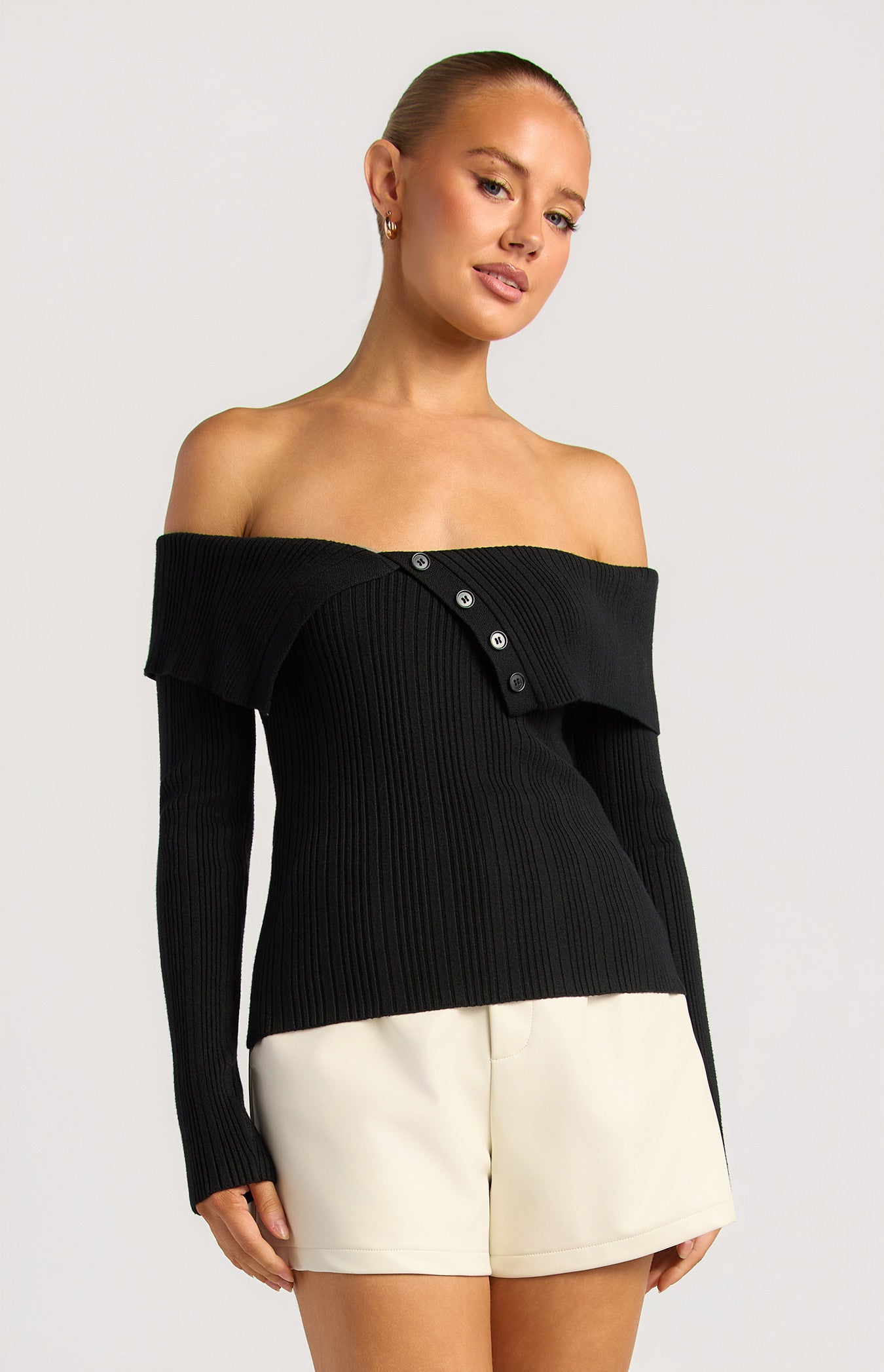 Style State Off Shoulder Unbuttoned Neckline Detail Knit - Black
