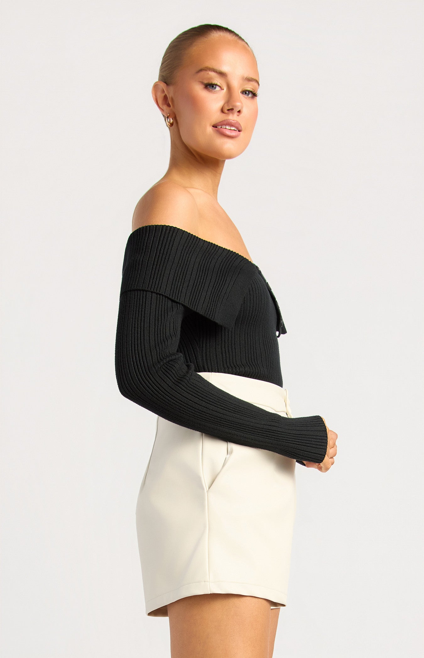 Style State Off Shoulder Unbuttoned Neckline Detail Knit - Black