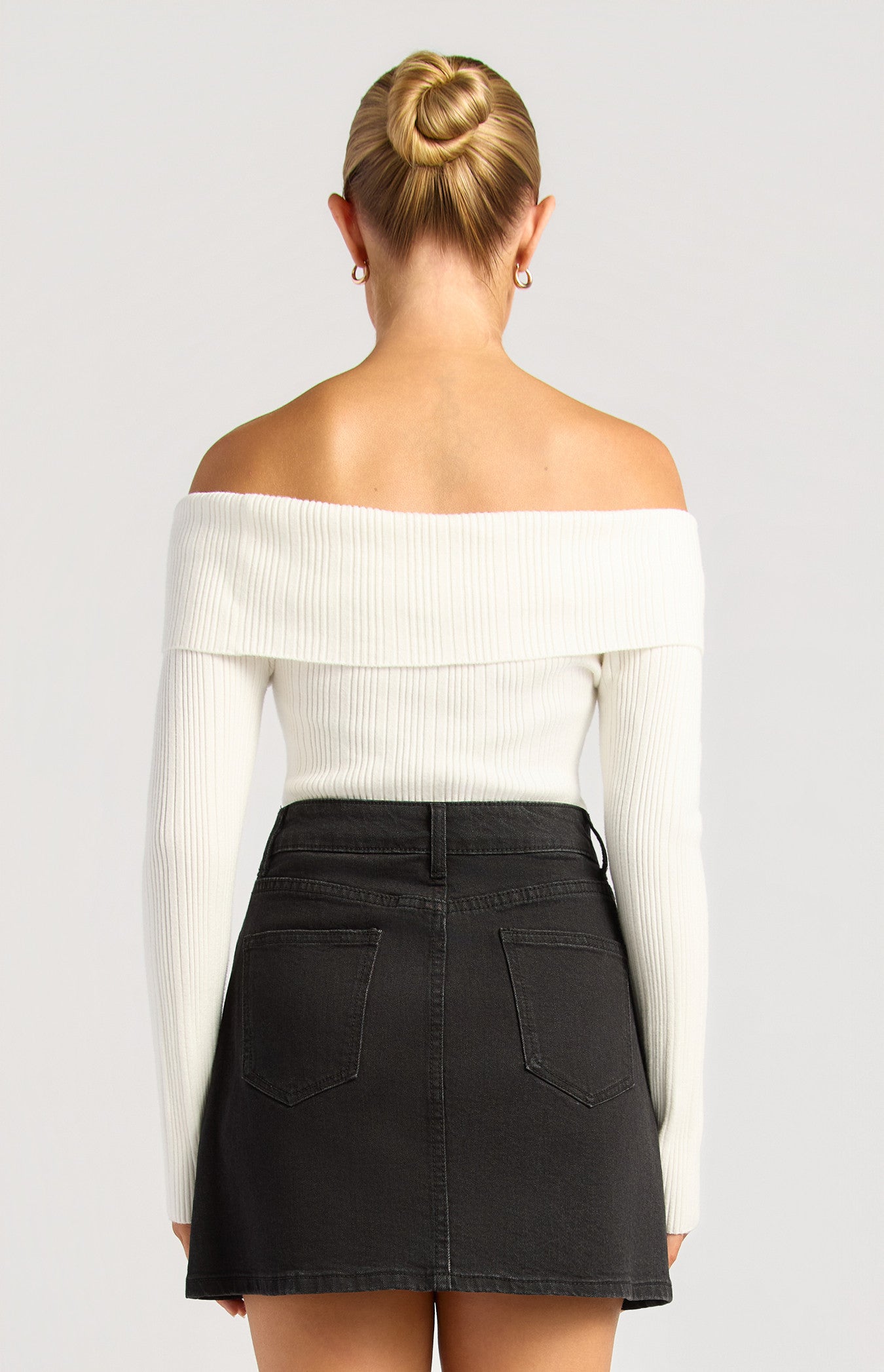 Style State Off Shoulder Unbuttoned Neckline Detail Knit - White