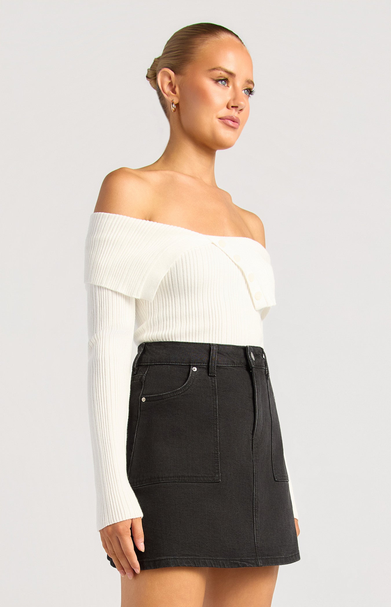 Style State Off Shoulder Unbuttoned Neckline Detail Knit - White