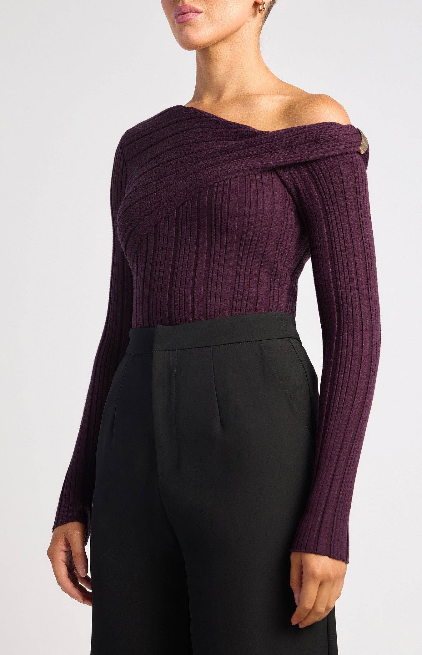 Style State Side Gold Ring Asymmetric Neckline Knit Top - Dark Plum