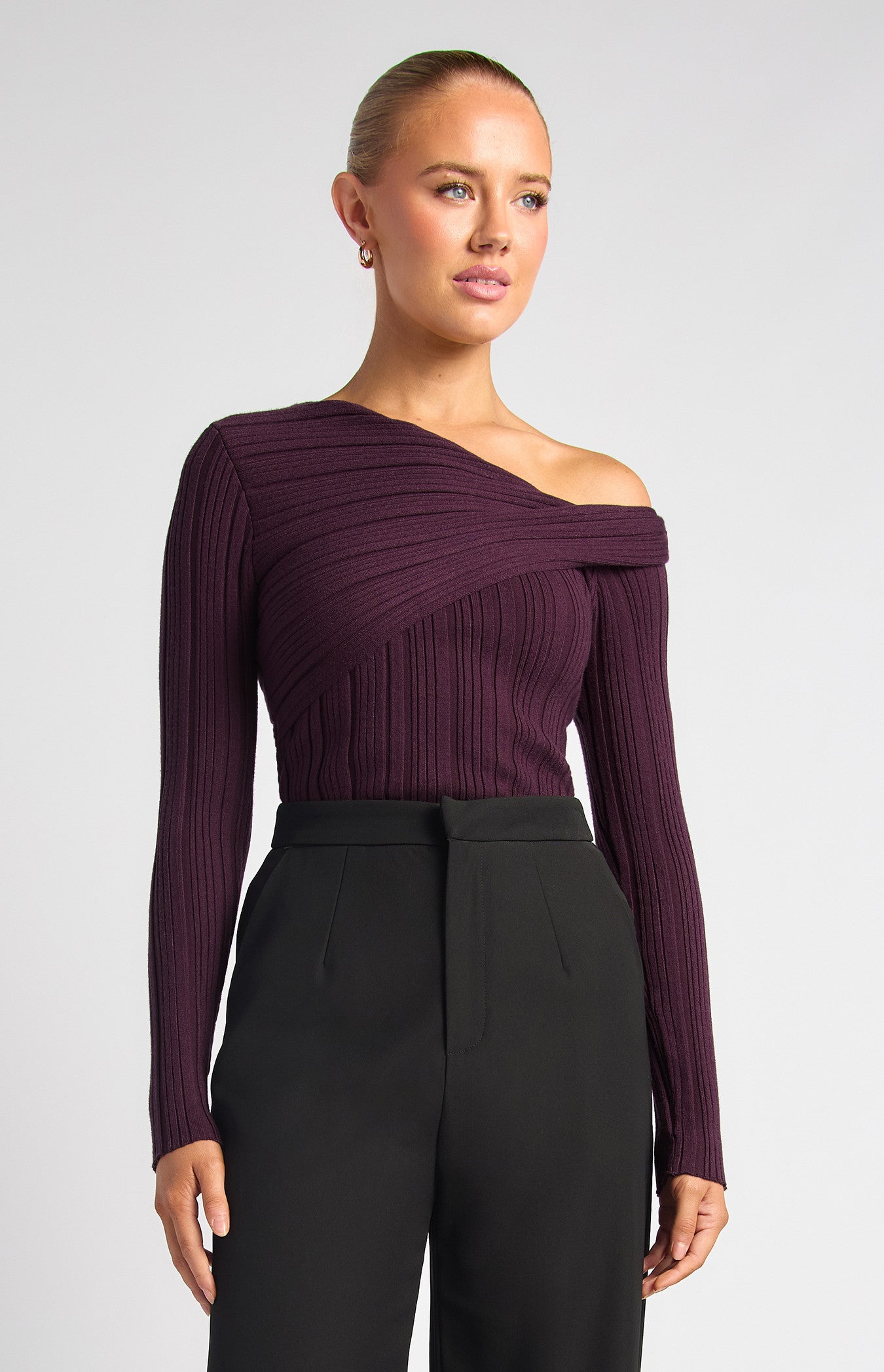 Style State Side Gold Ring Asymmetric Neckline Knit Top - Dark Plum