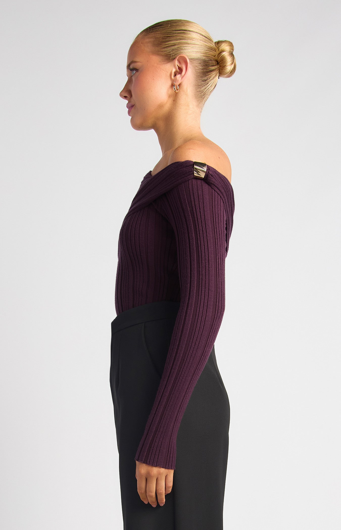 Style State Side Gold Ring Asymmetric Neckline Knit Top - Dark Plum