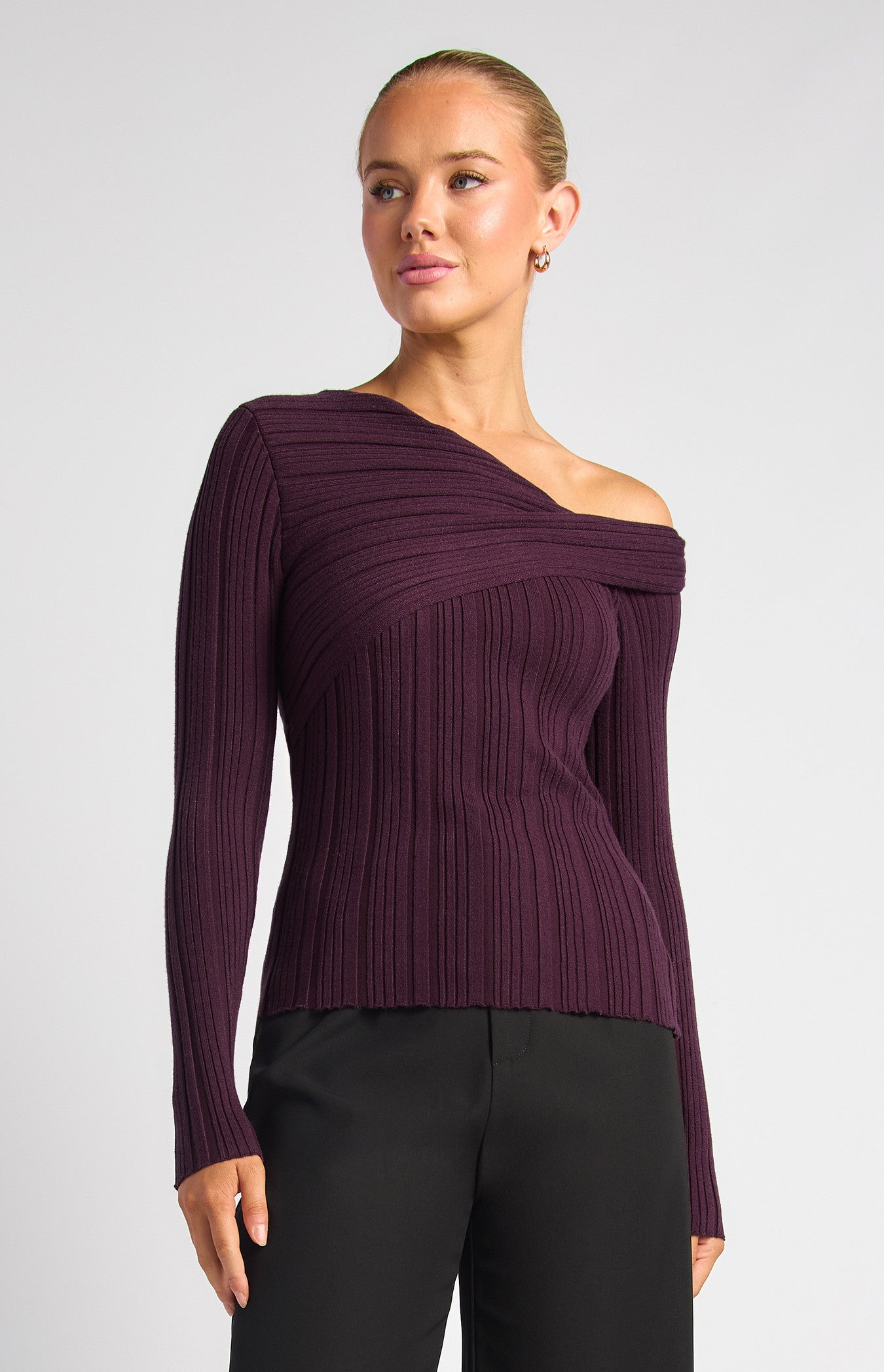 Style State Side Gold Ring Asymmetric Neckline Knit Top - Dark Plum