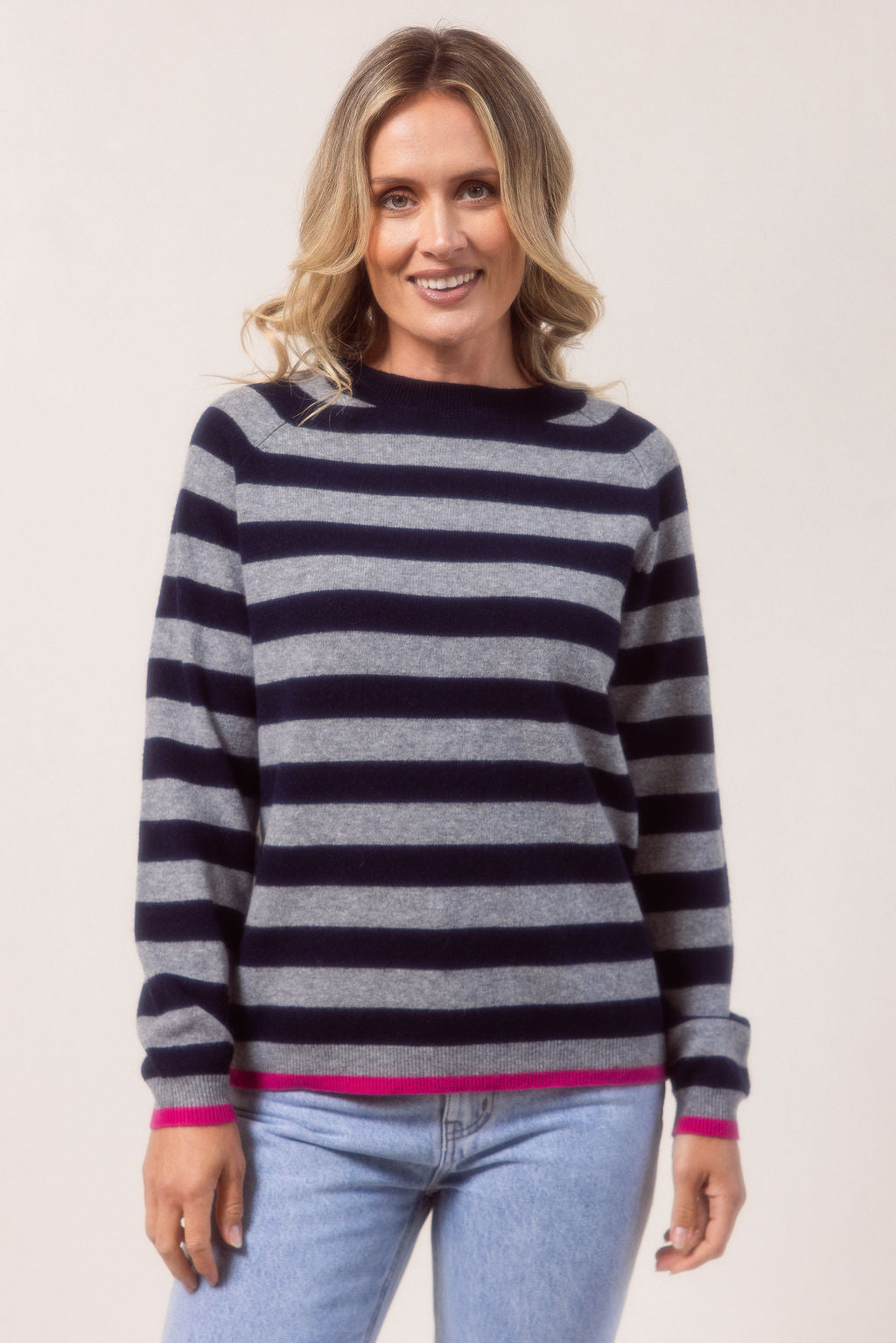 See Saw Crew Neck Stripe Sweater - Navy/Grey Pink Tips