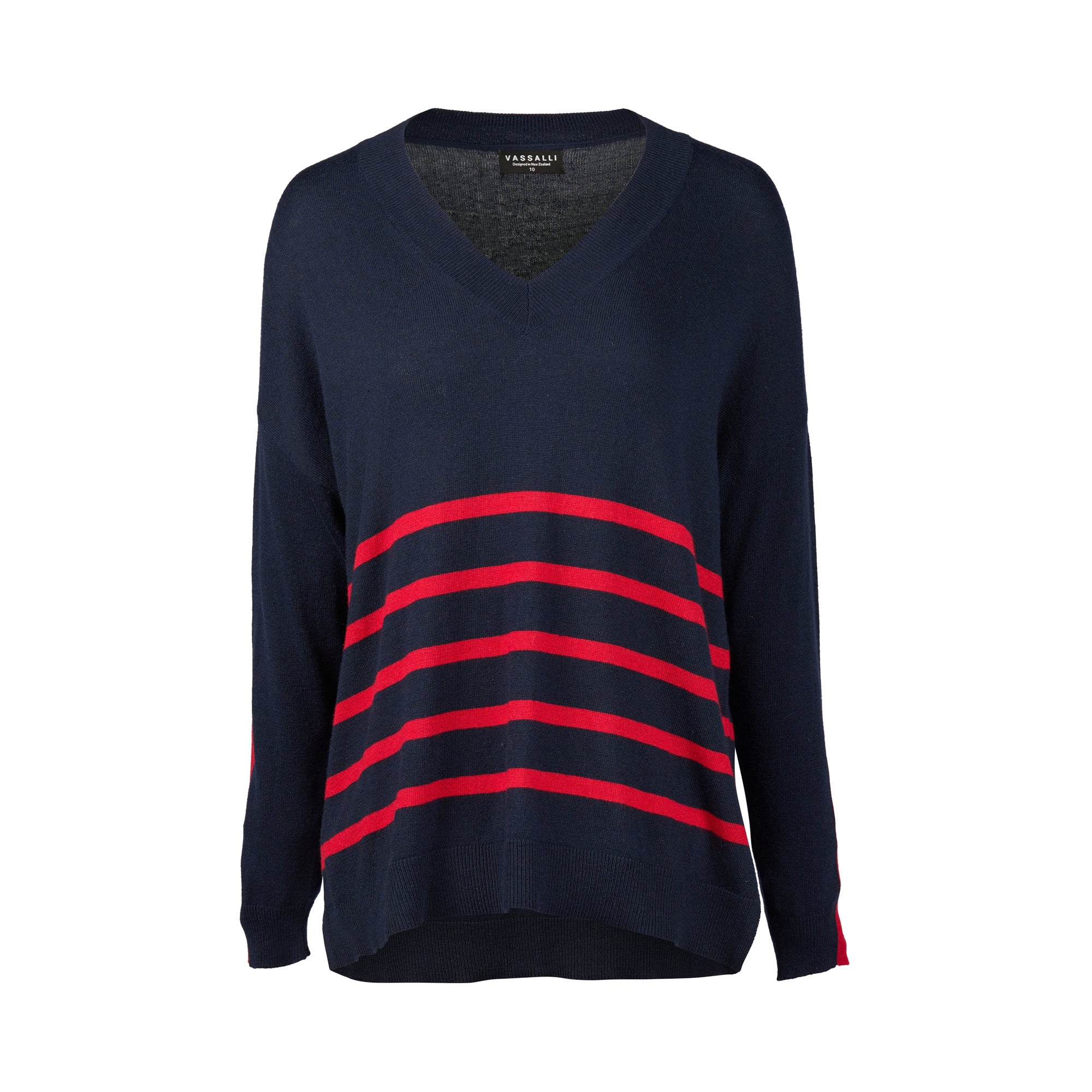 Vassalli Relaxed V Neck Sweater - Ink/Red