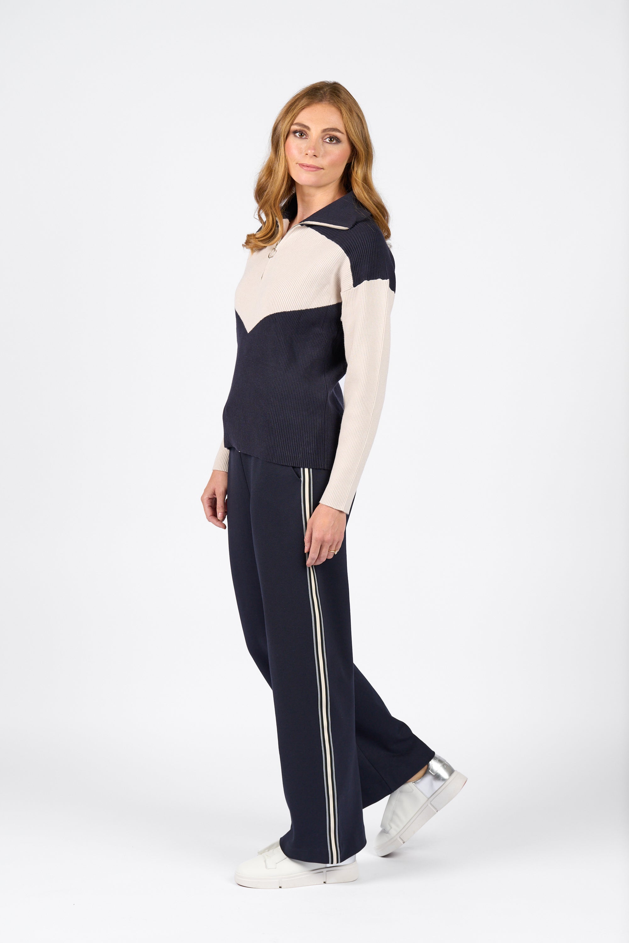 Vassalli Two-Tone Half Zip Sweater - Ink/Oatmeal