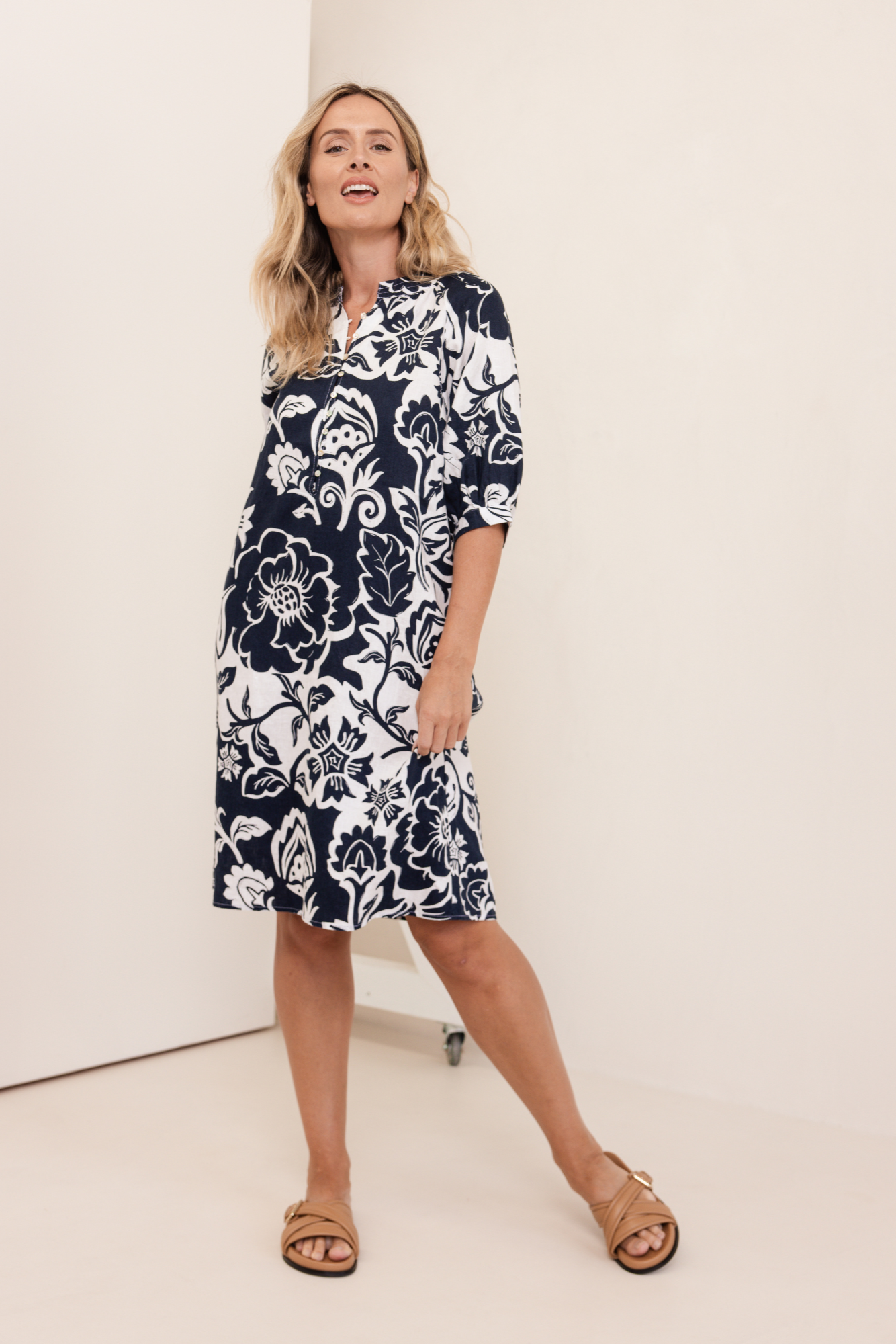 See Saw Cuff Sleeve Button Detail Dress - Vine Print