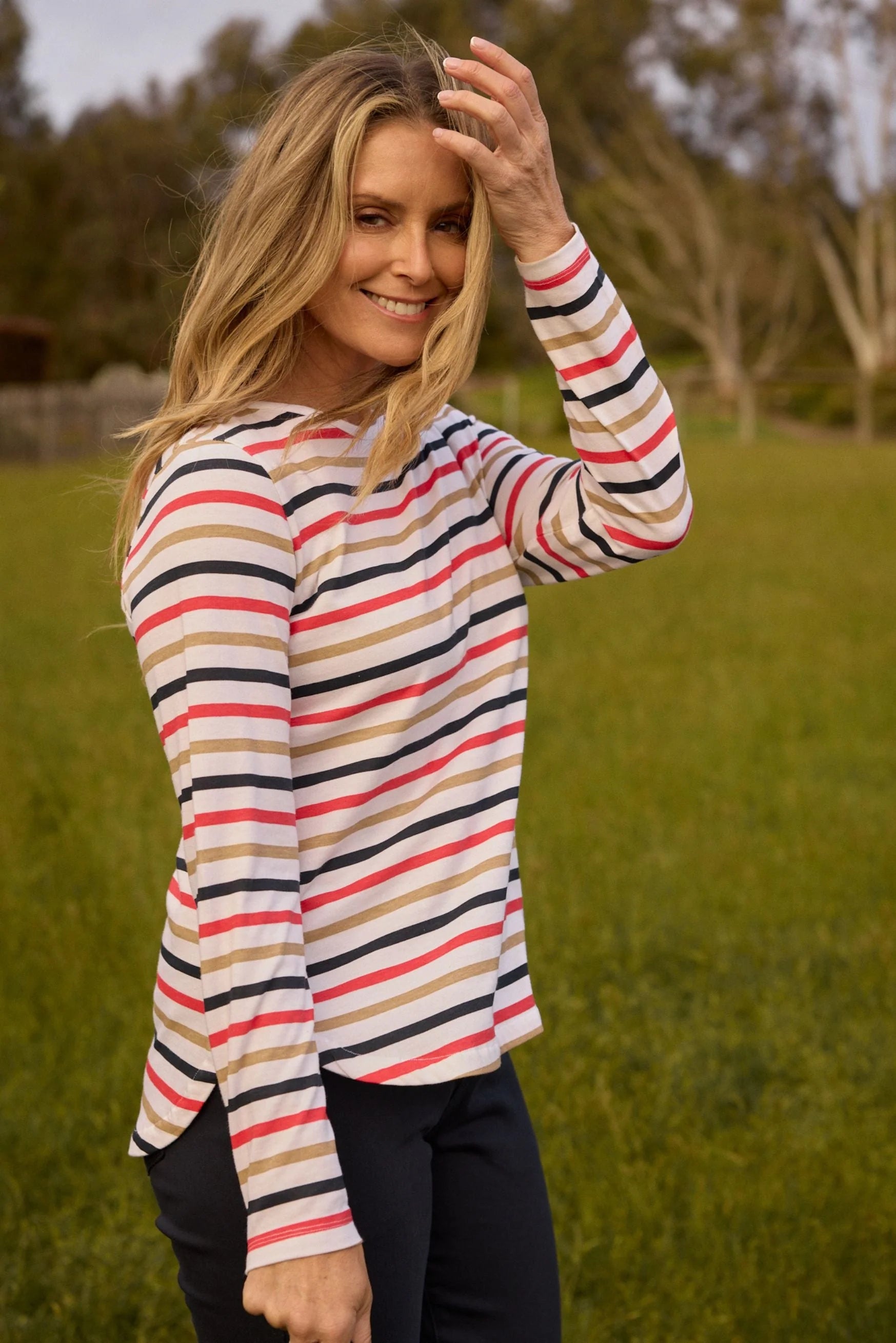 Goondiwindi Cotton Original Multi Stripe Long Sleeve Tee - Poinsettia Multi