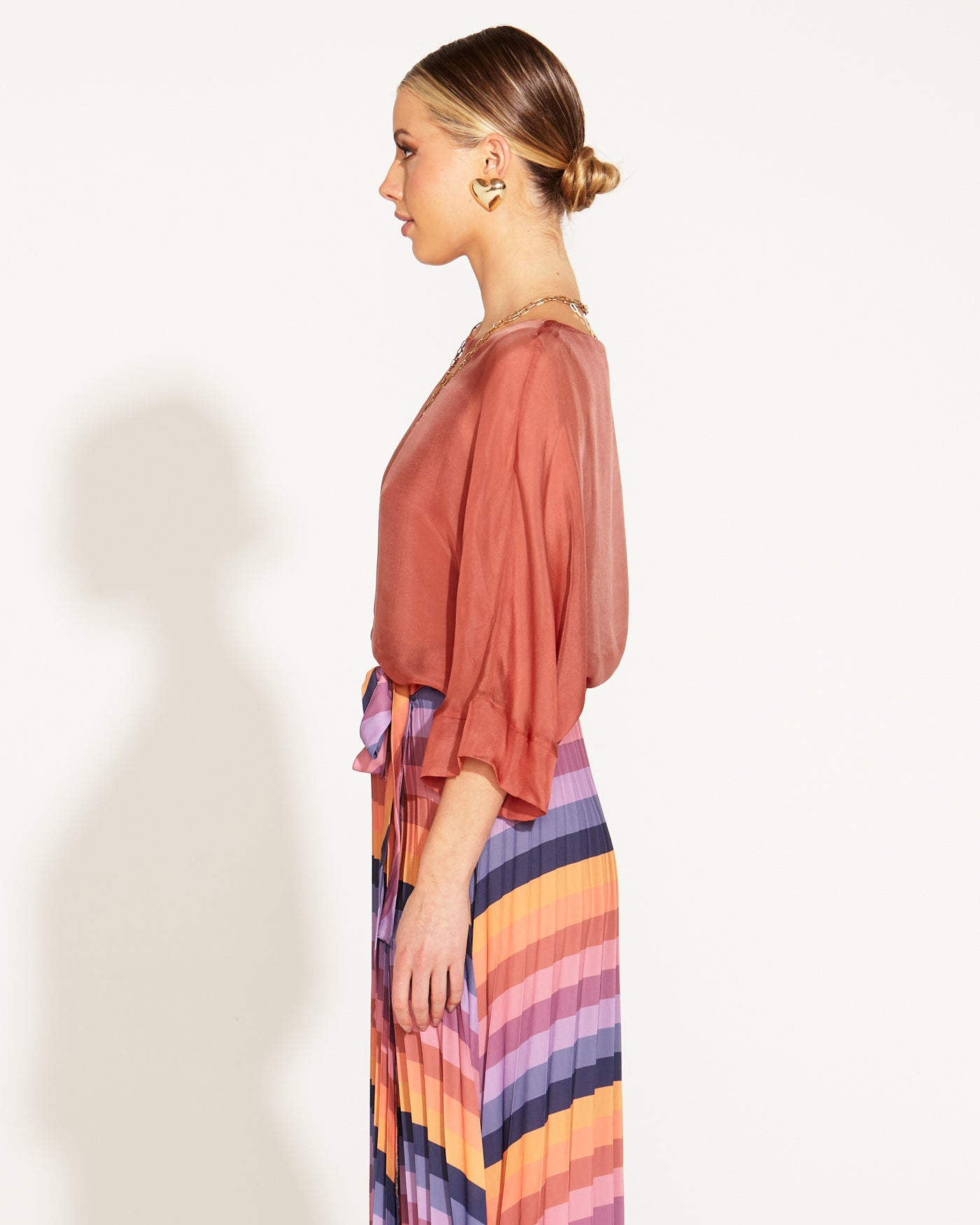 Fate+Becker Sunlight And Shadow Batwing Relaxed Silk Top - Burnt Rose