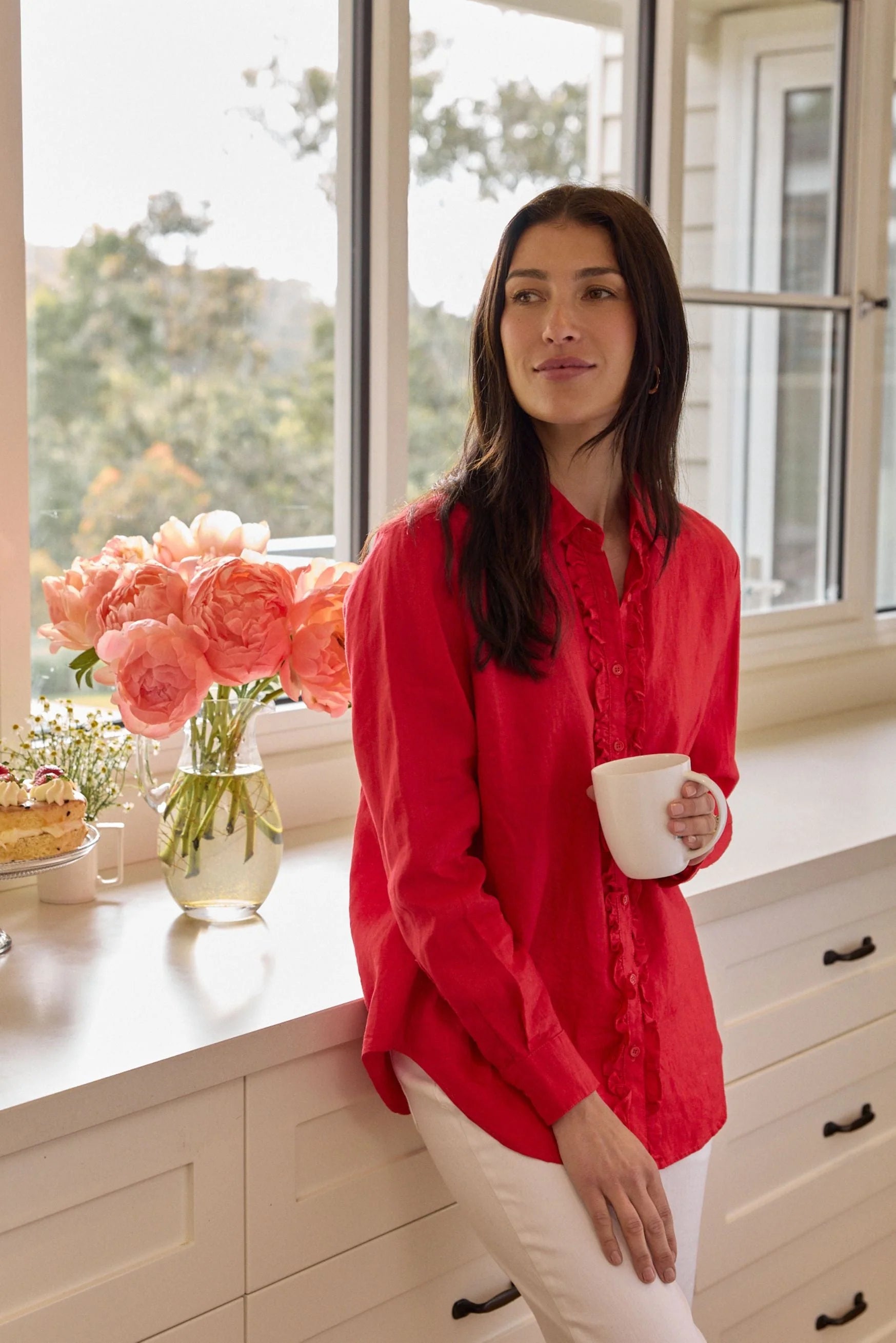 Goondiwindi Cotton Pearl Ruffle Linen Shirt - Poinsettia