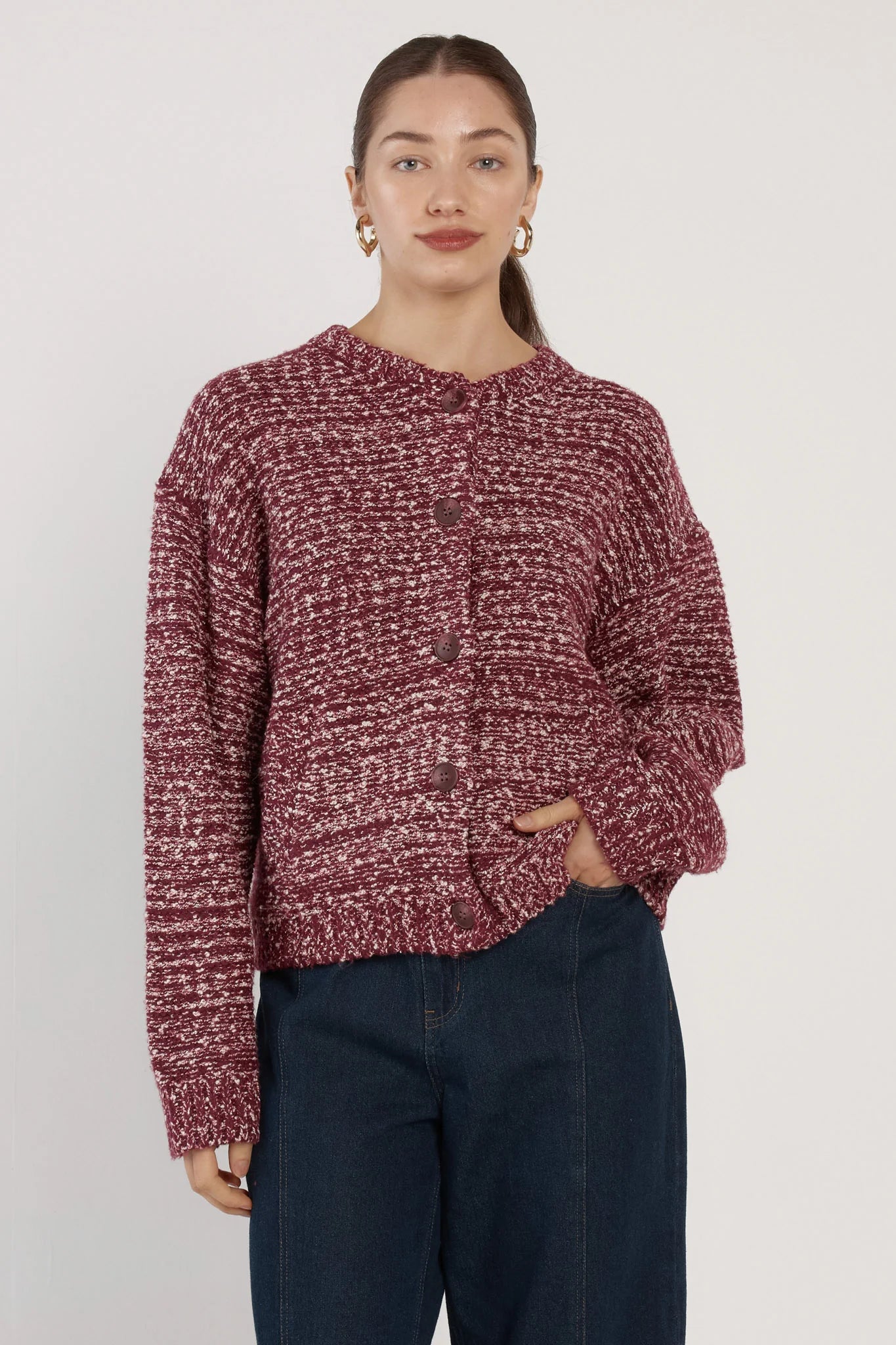 Fate+Becker Quinn Boucle Bomber Cardi - Burgundy/White