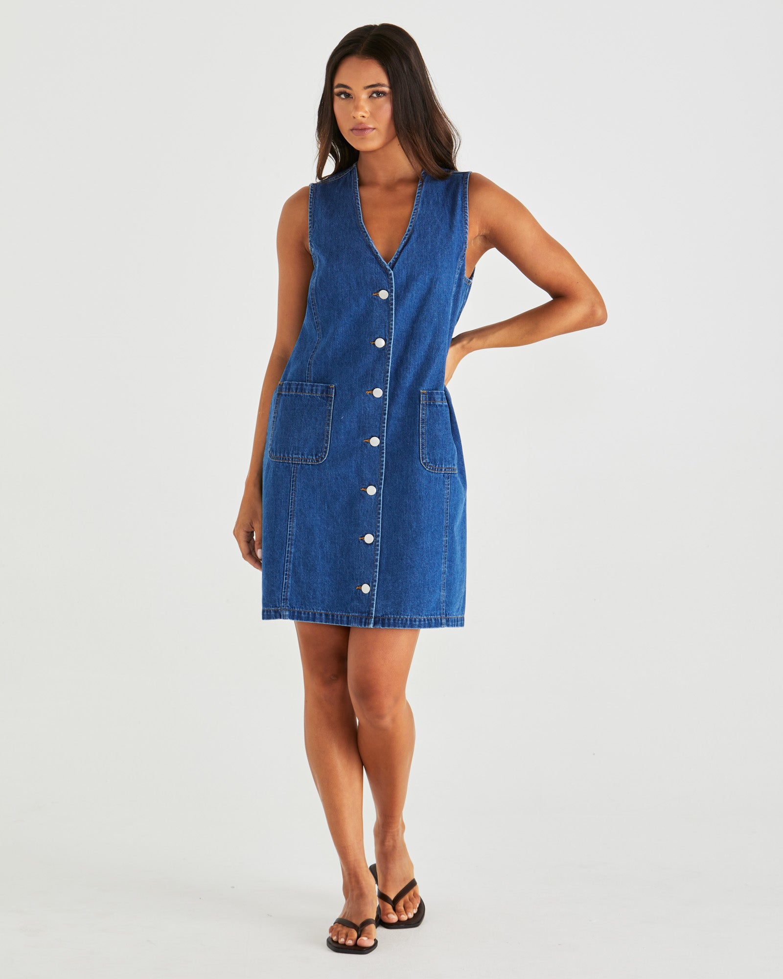 Sass Sabine Denim Vest Dress - Mid Blue Wash