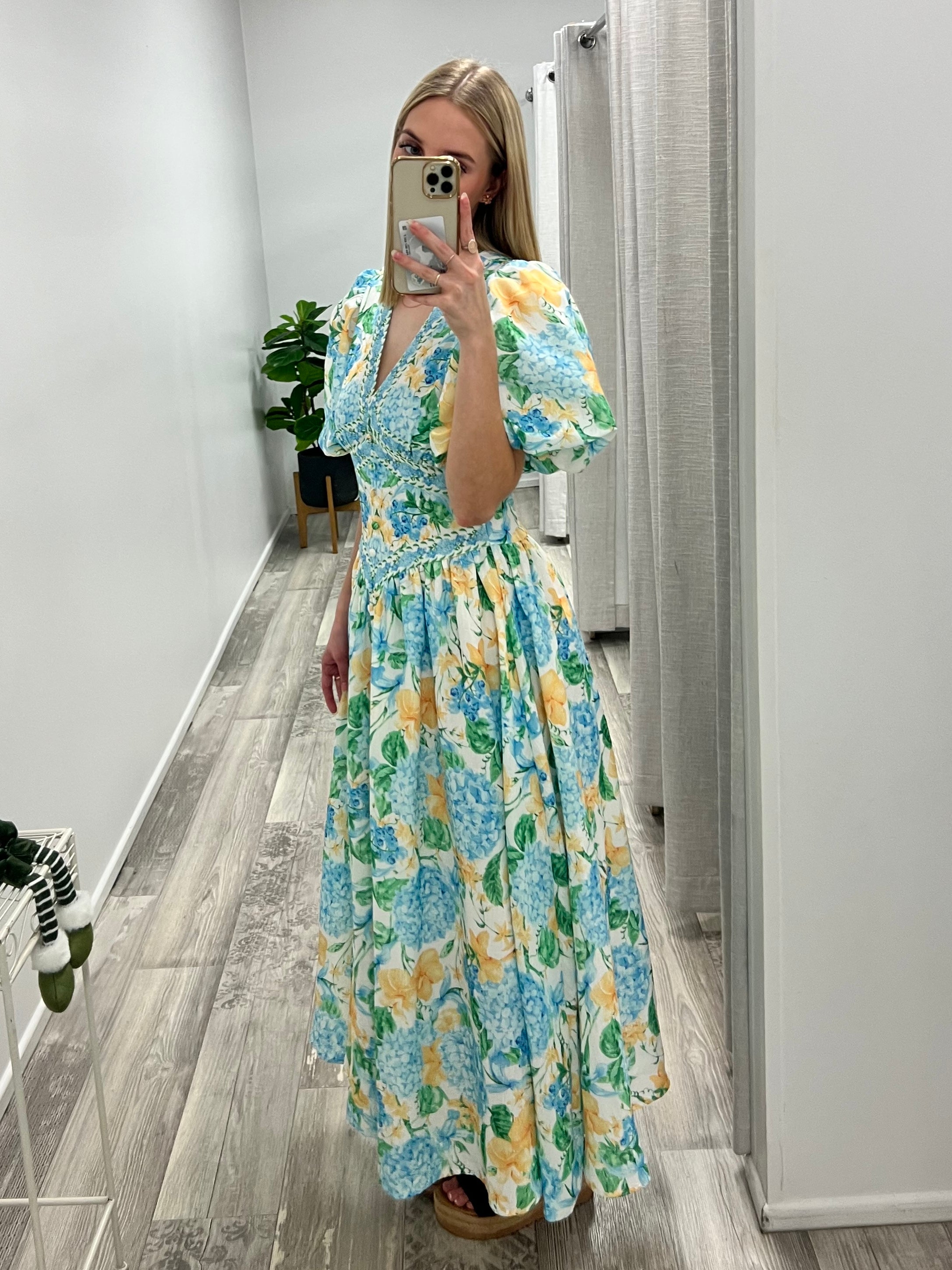 Lorraine Blooming Garden Maxi Dress - Blue/Lemon Floral