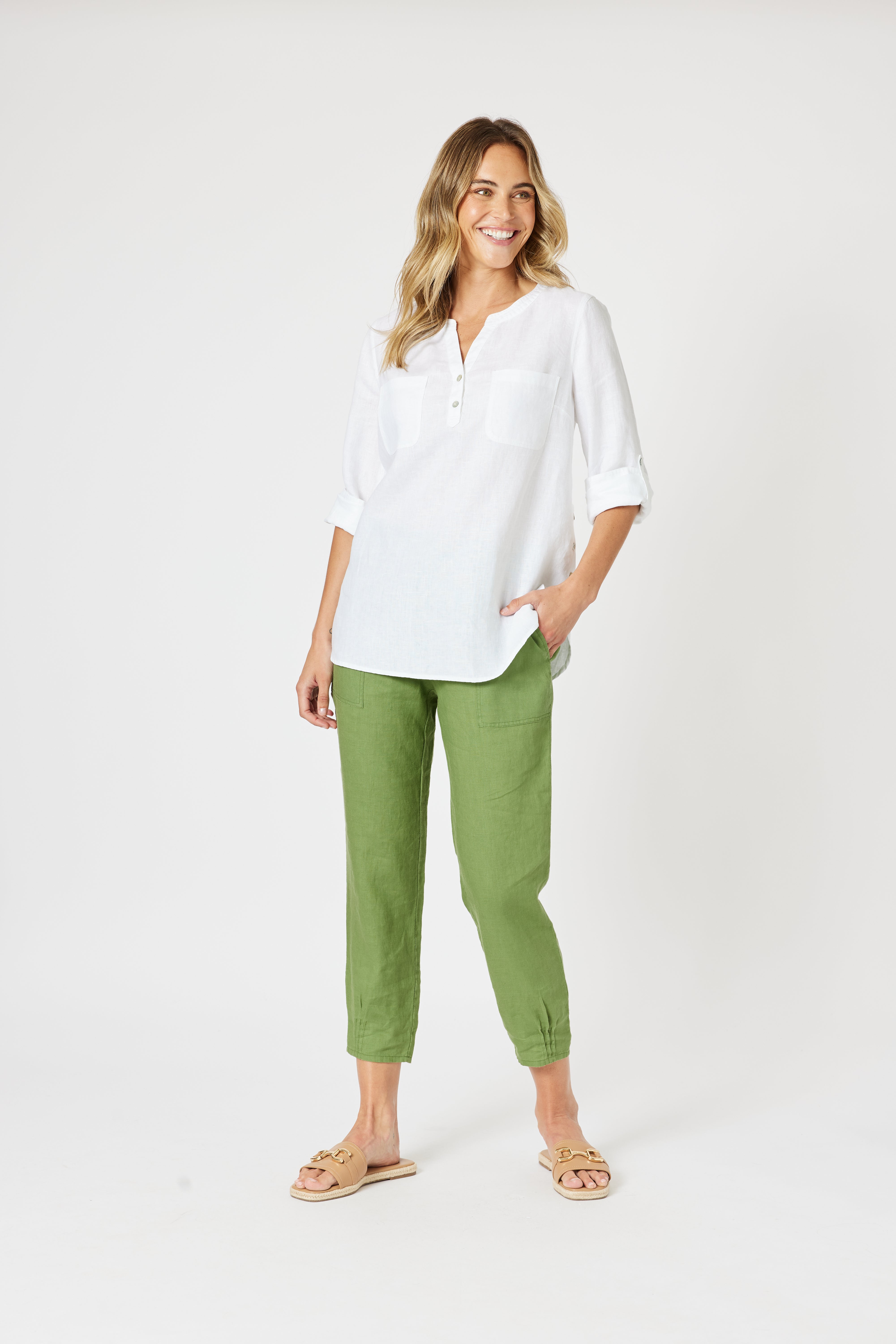 Gordon Smith Sarah Linen Pleat Hem Pant - Basil