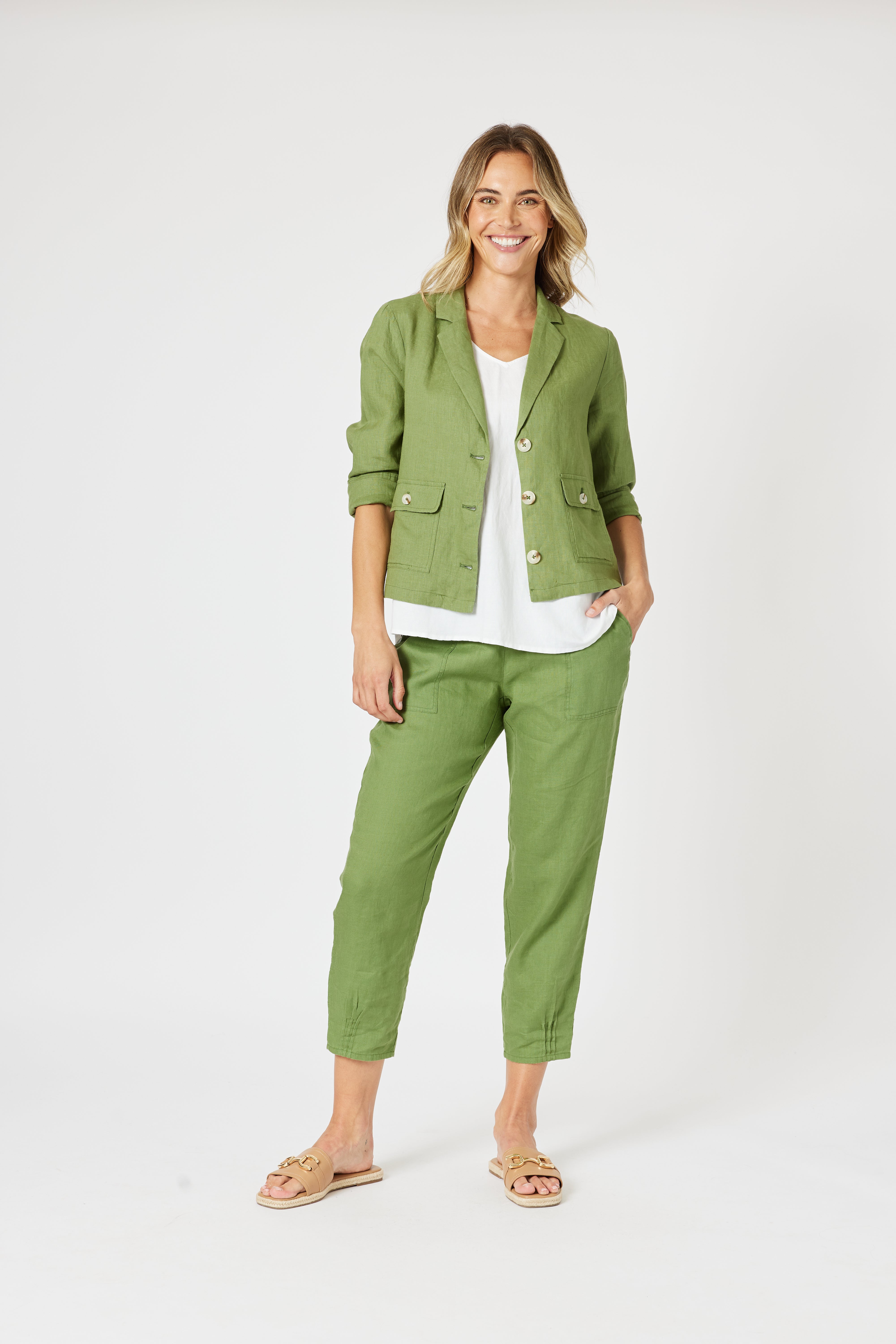 Gordon Smith Sarah Linen Pleat Hem Pant - Basil