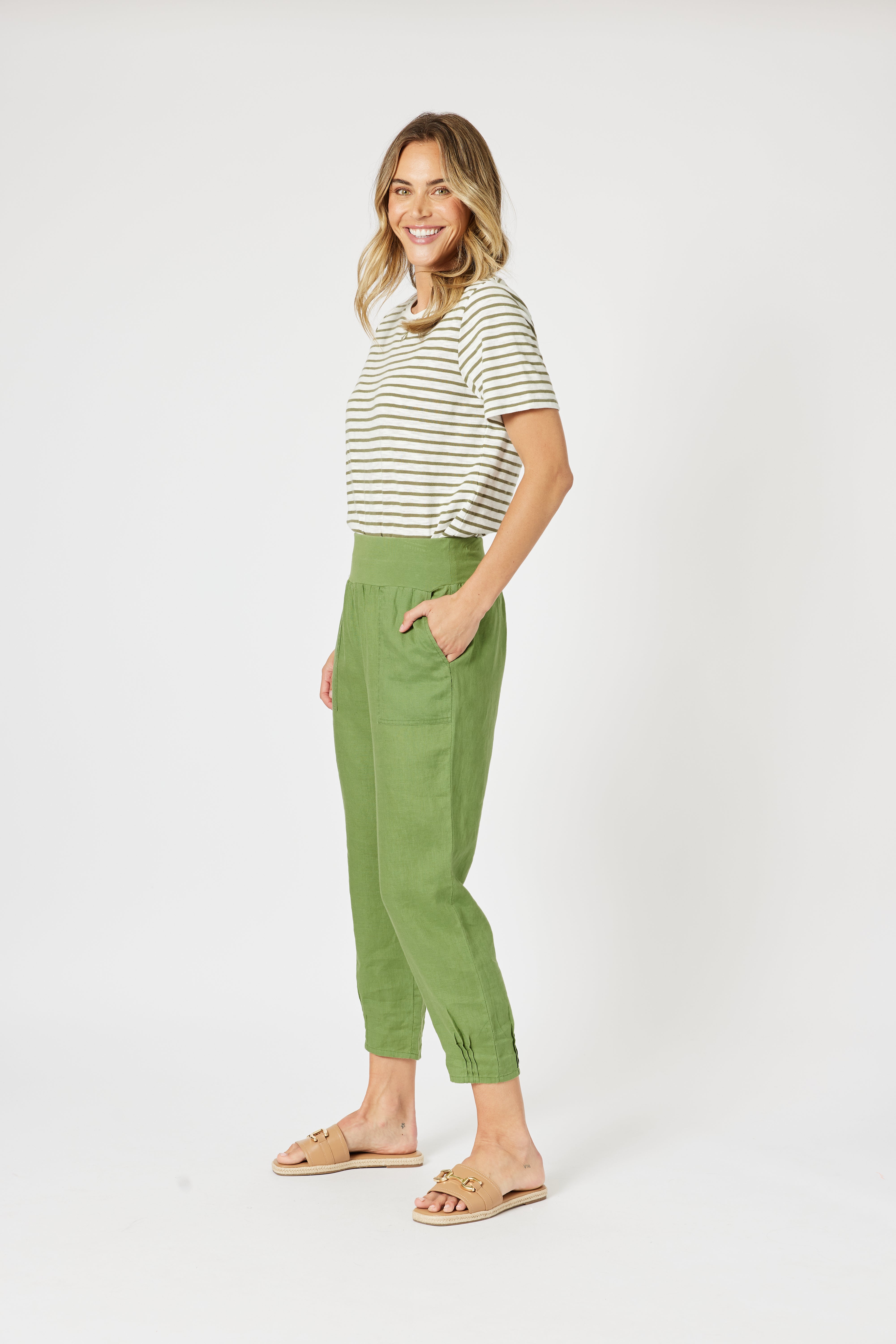 Gordon Smith Sarah Linen Pleat Hem Pant - Basil