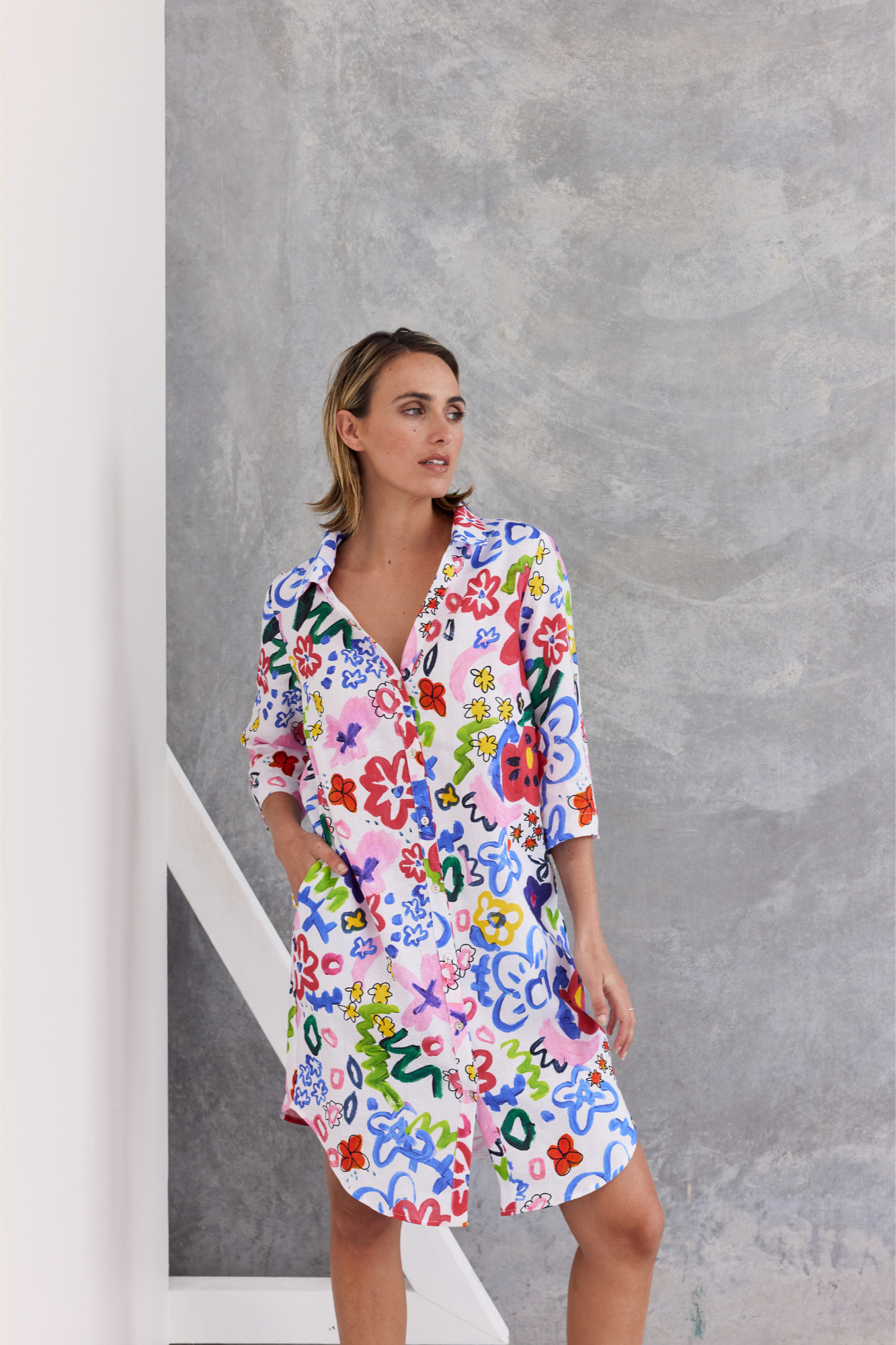 Wear Colour 3/4 Sleeve Shirtmaker Dress - Floral Print