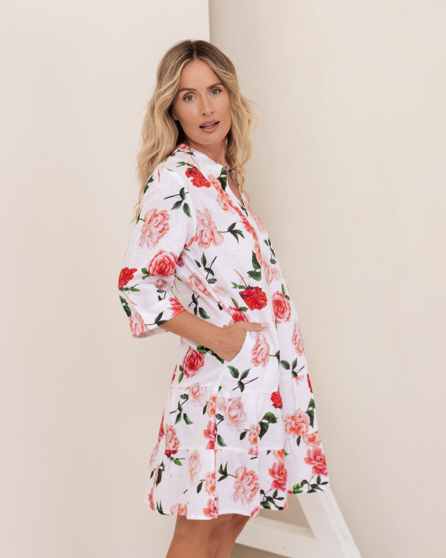 See Saw 3/4 Sleeve V-Neck Tiered Dress - Roses