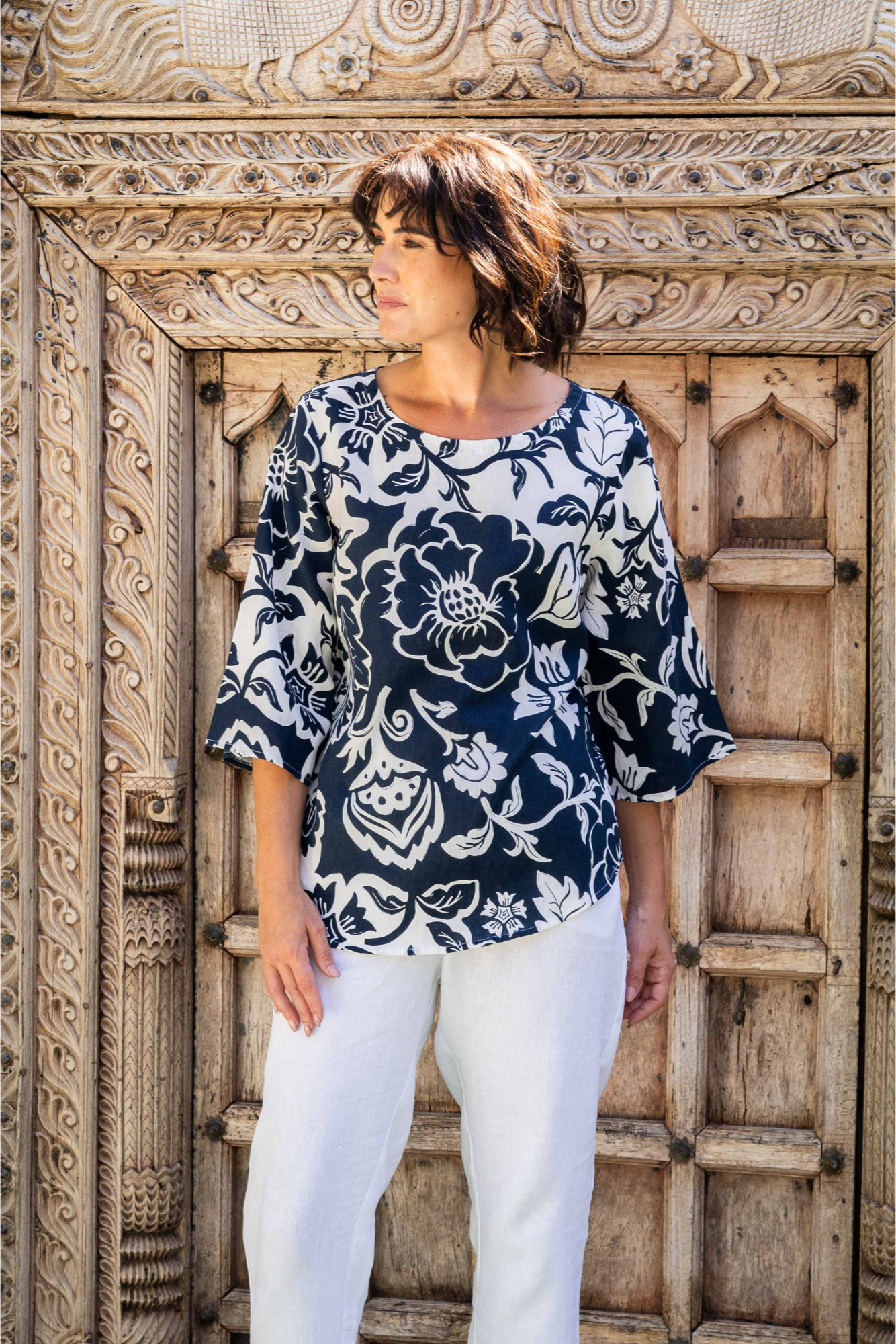 See Saw 3/4 Sleeve Boat Neck Top - Vine Print