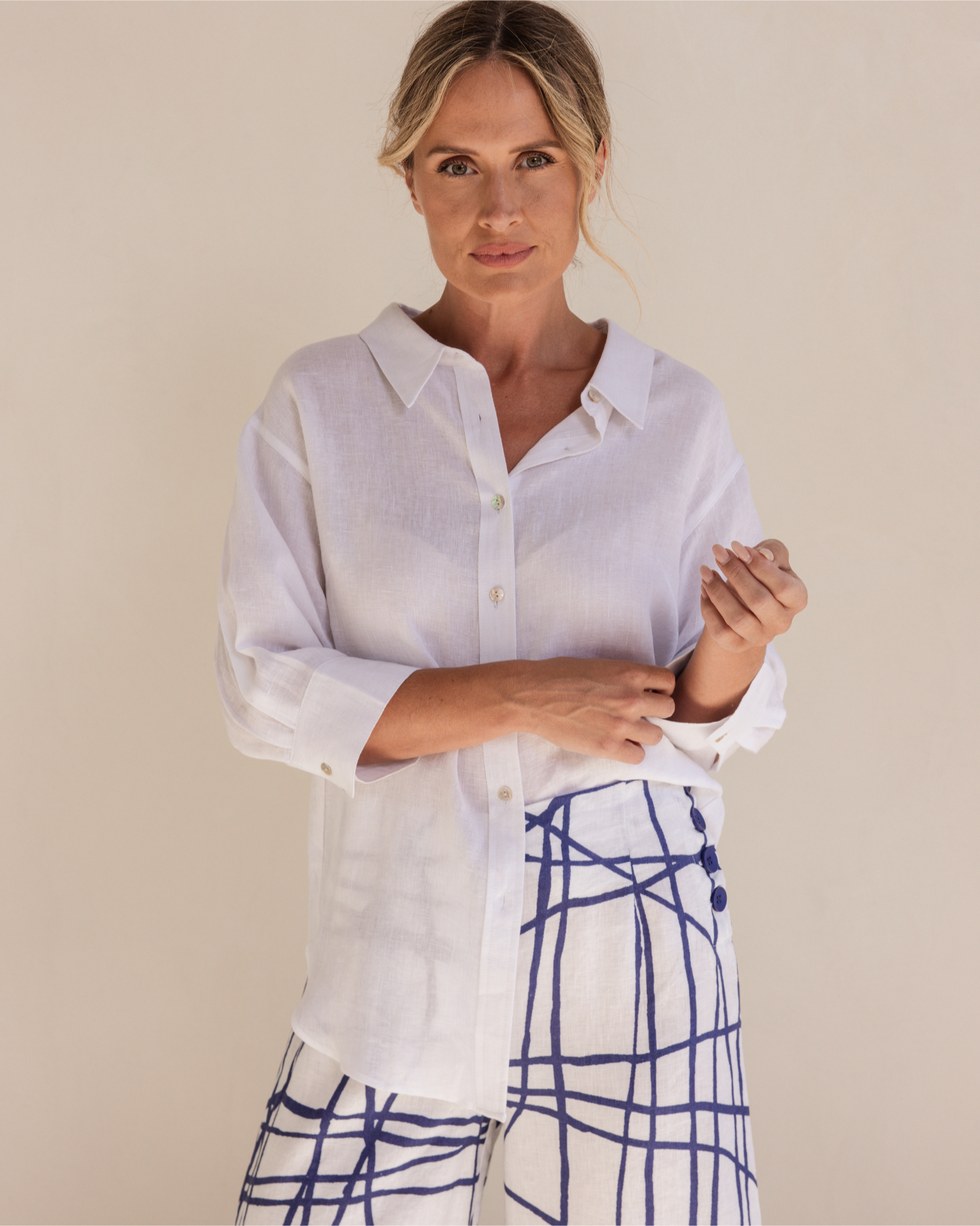 See Saw 3/4 Sleeve Boyfriend Shirt - White