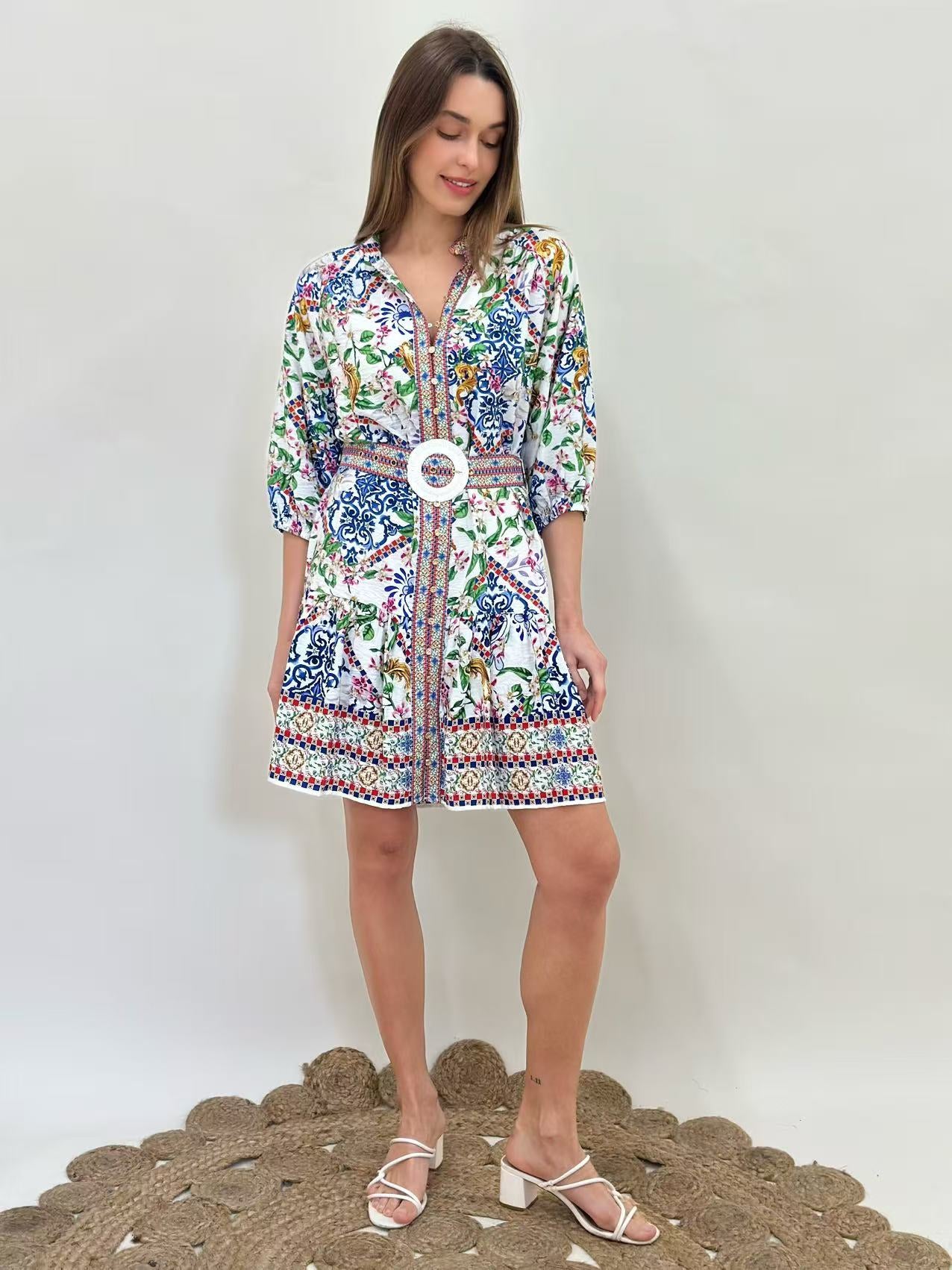 Lorraine Mediterranean Tile Print Short Dress