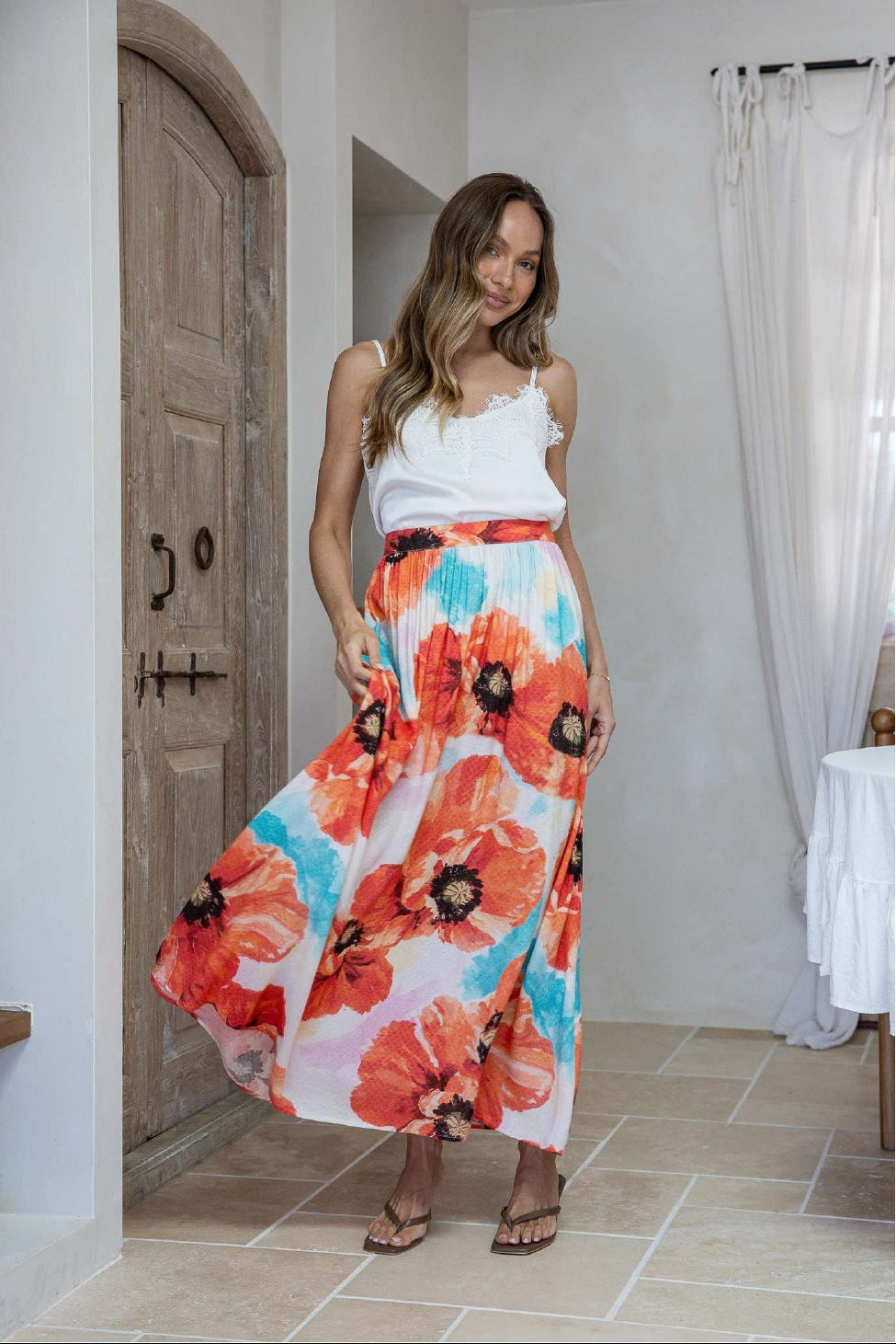 Cactus Rose Gathered Long Skirt - Flower Print