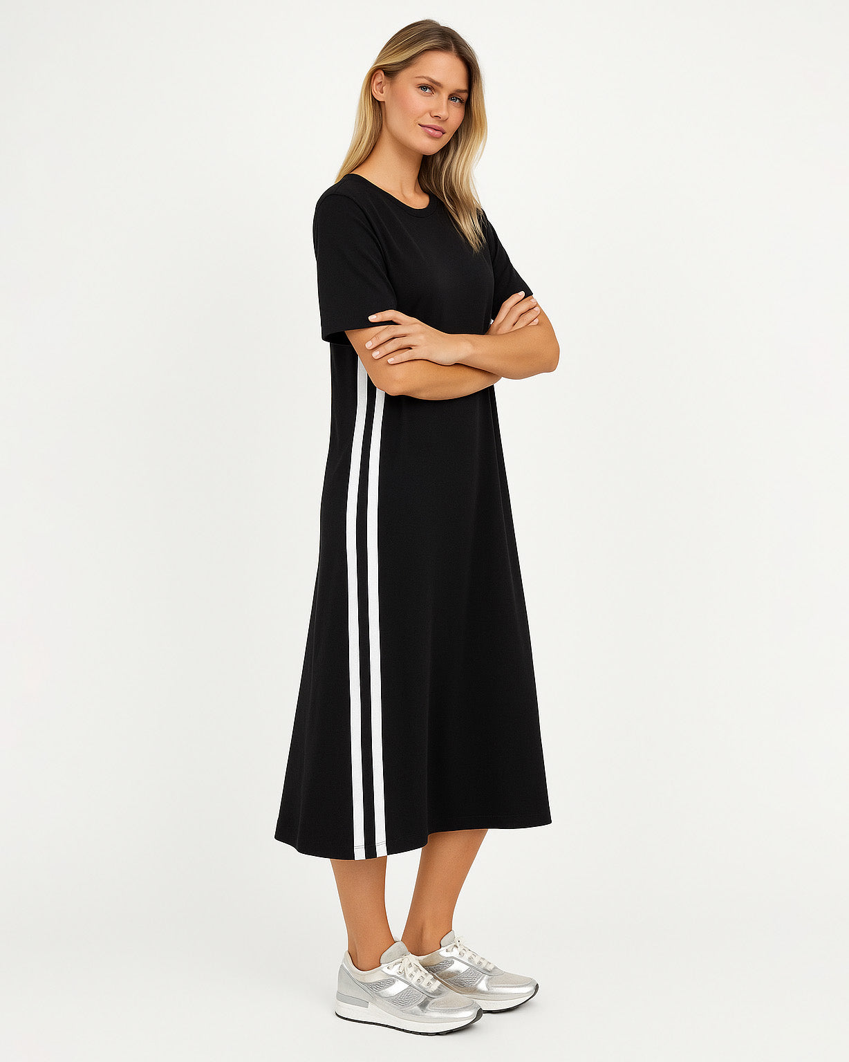 Liberty Rose Side Stripe Jersey Dress - Black/White