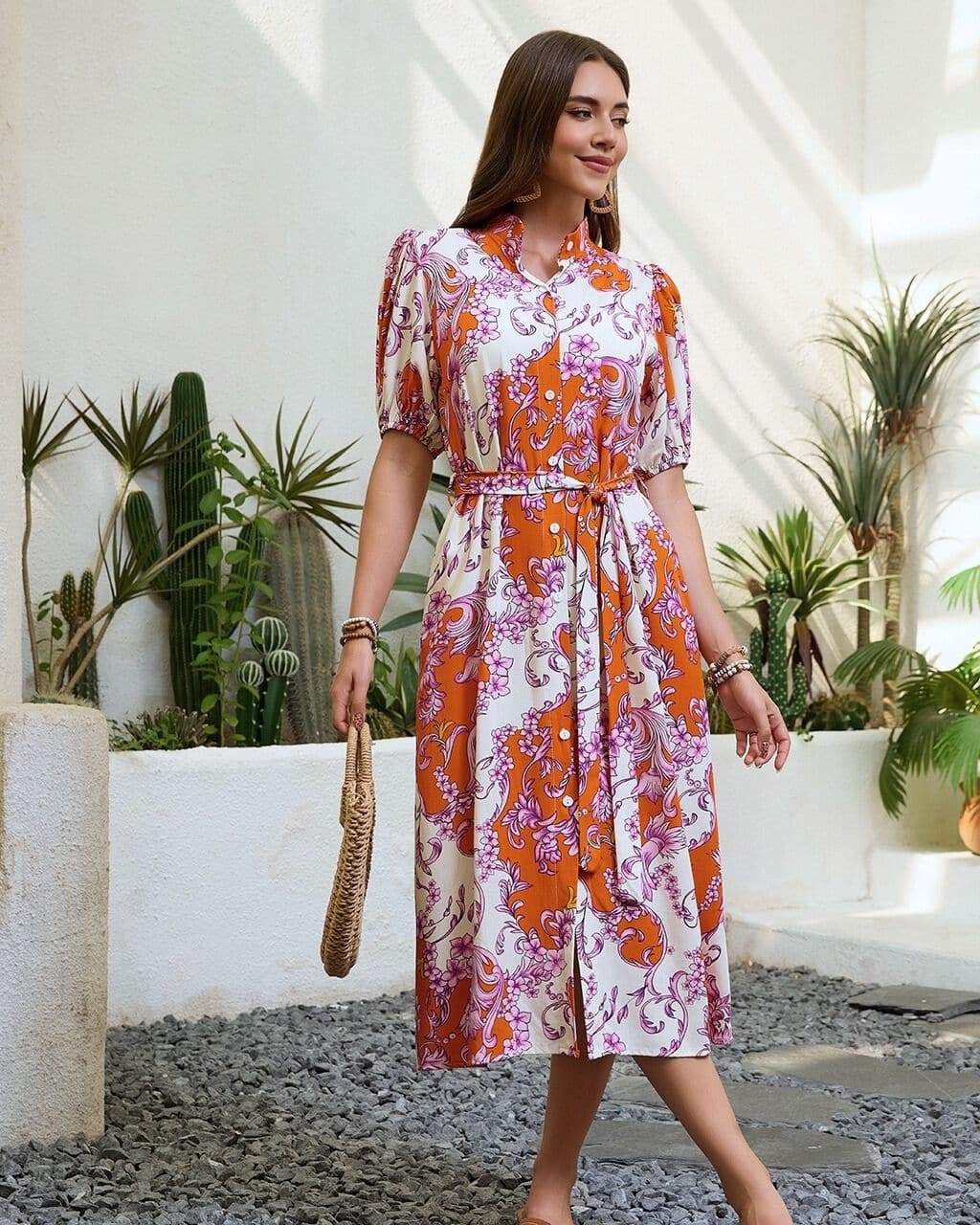 M Floral Print Button-front Belted Shirt Dress - Rust
