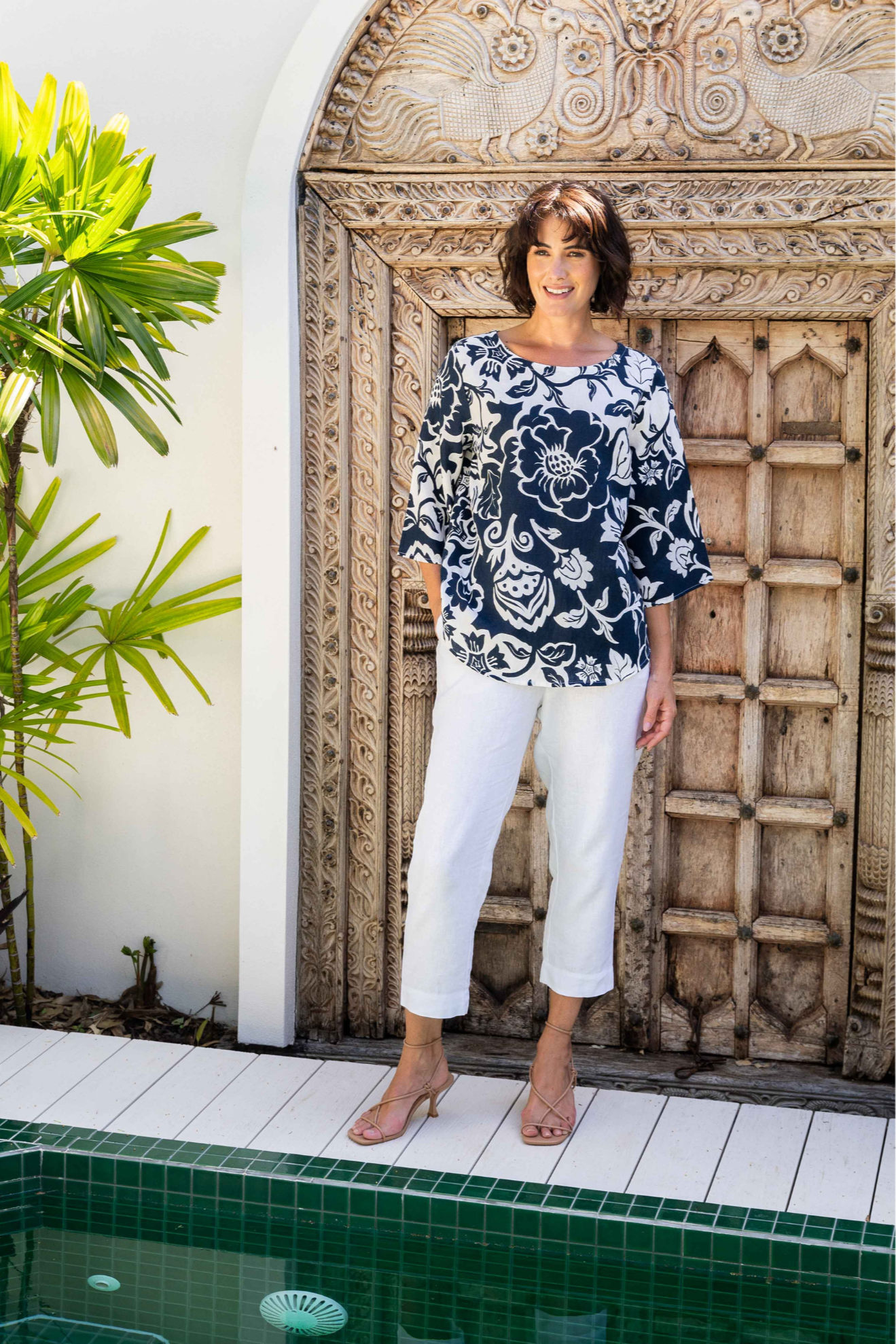 See Saw 3/4 Sleeve Boat Neck Top - Vine Print