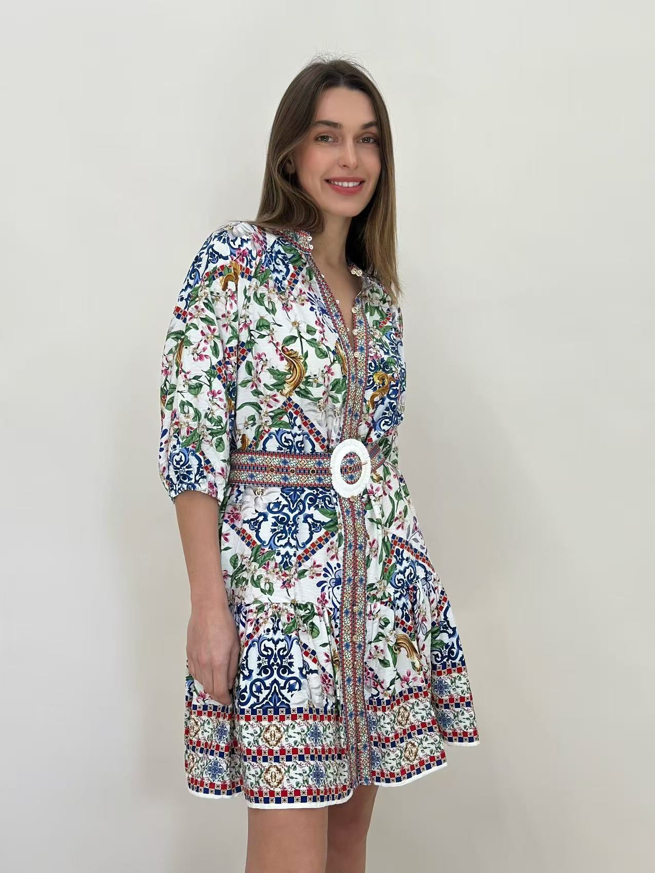 Lorraine Mediterranean Tile Print Short Dress