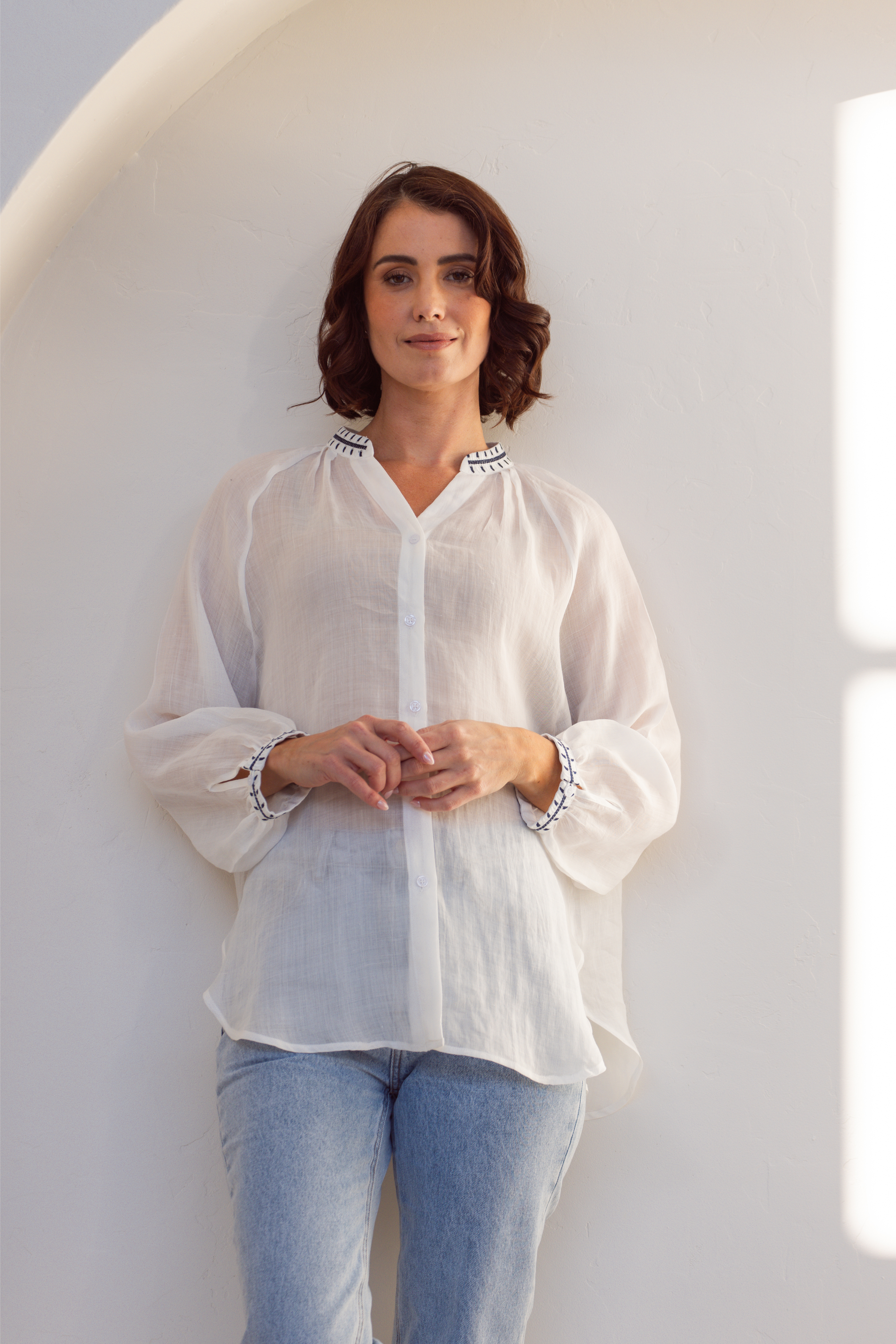 See Saw 3/4 Sleeve Embroidery Detail Shirt - White
