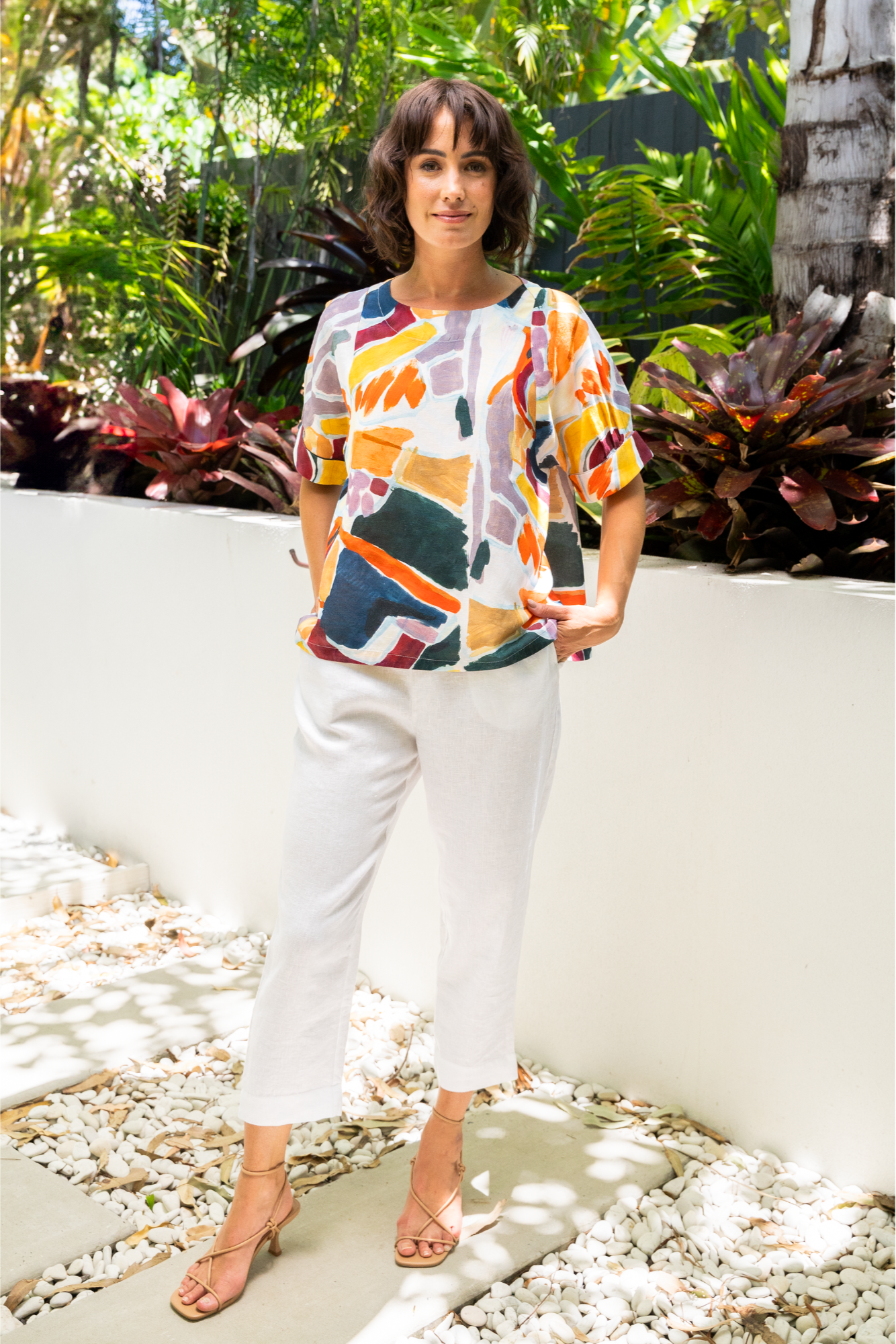 See Saw Cuff Sleeve Top - Abstract