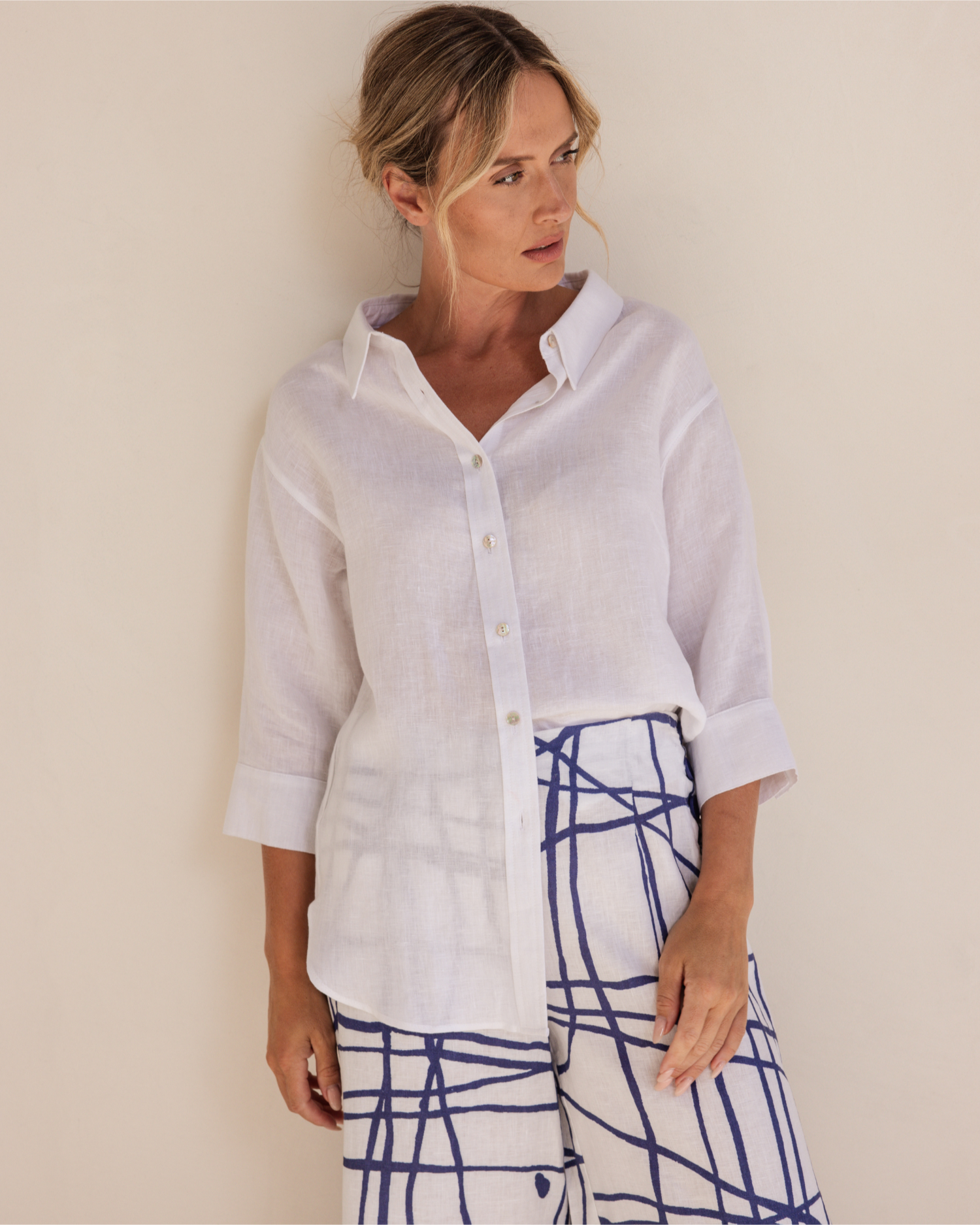 See Saw 3/4 Sleeve Boyfriend Shirt - White