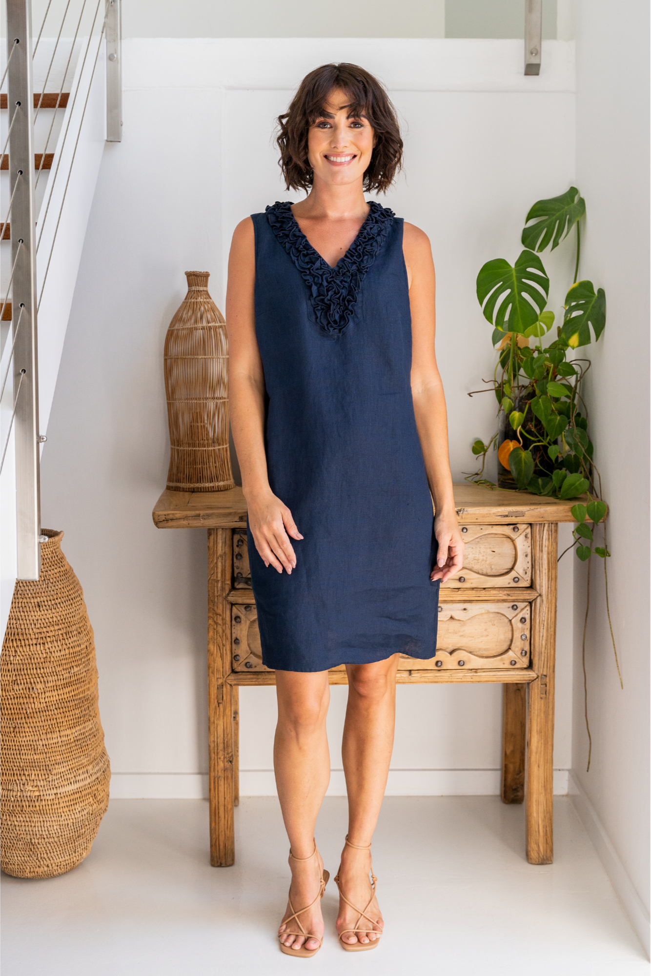 See Saw Sleeveless Ruffle Front Dress - Navy