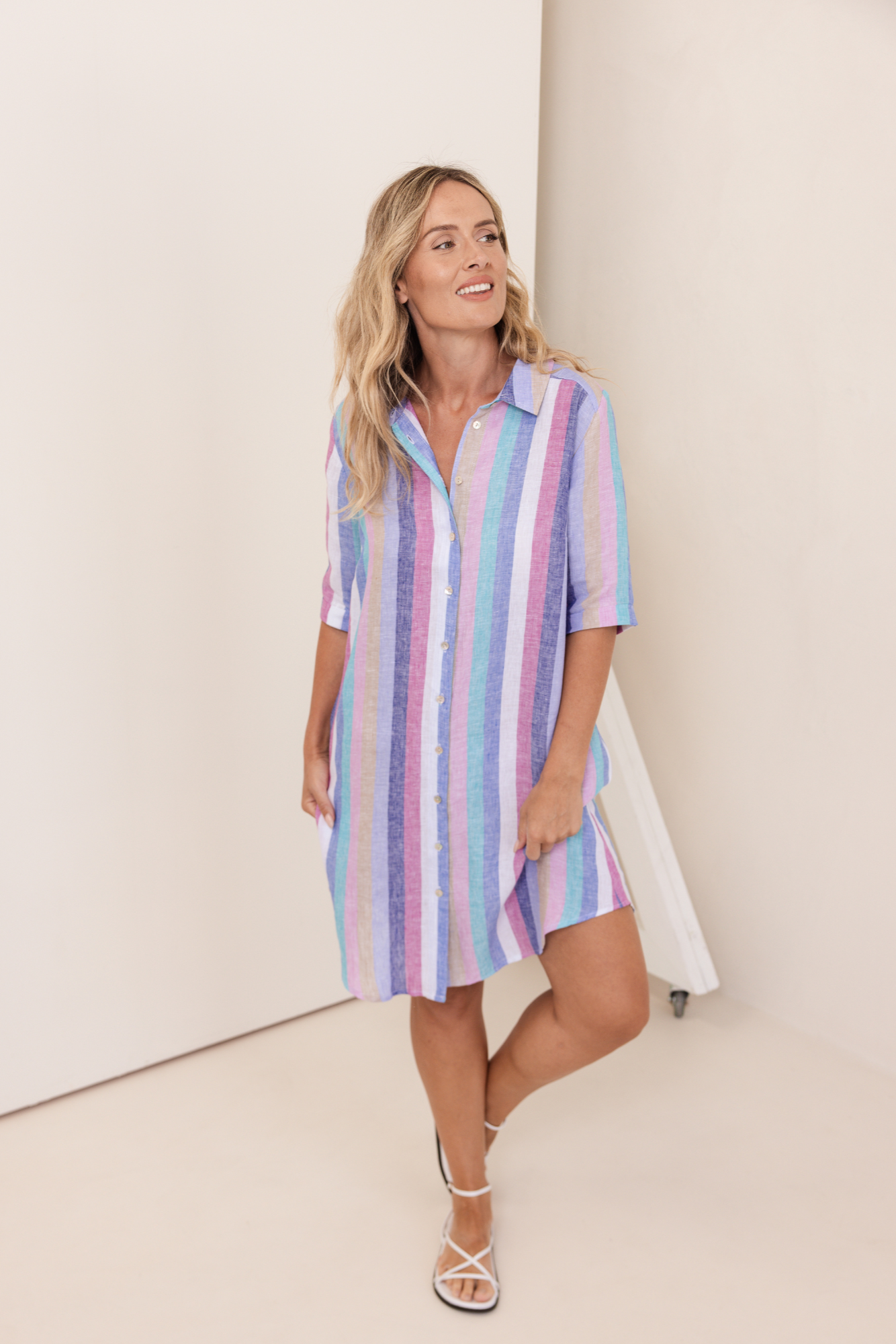 See Saw Shirtmaker Dress - Denim/Pink Stripe