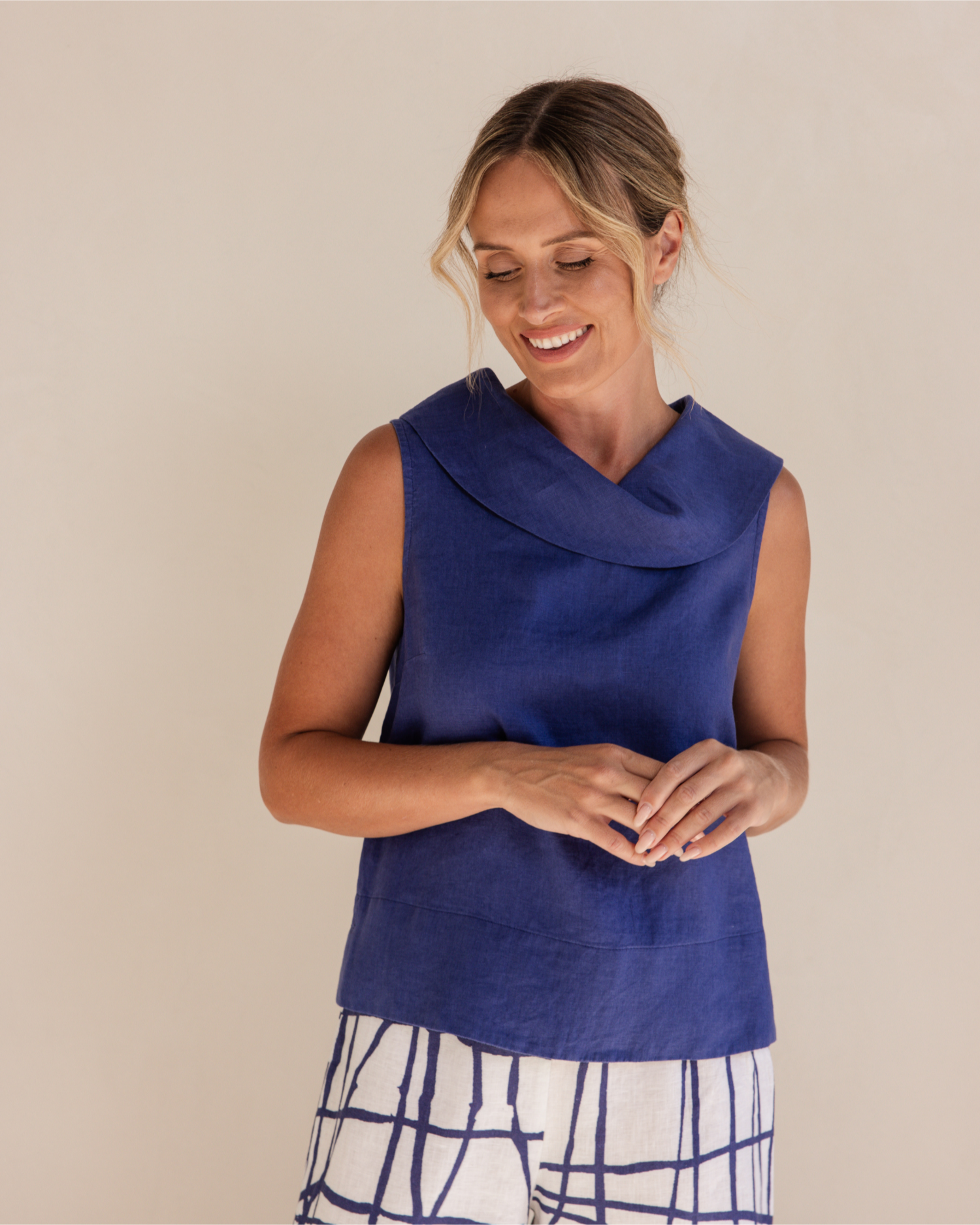 See Saw Button Back Cowl Neck Top - Denim