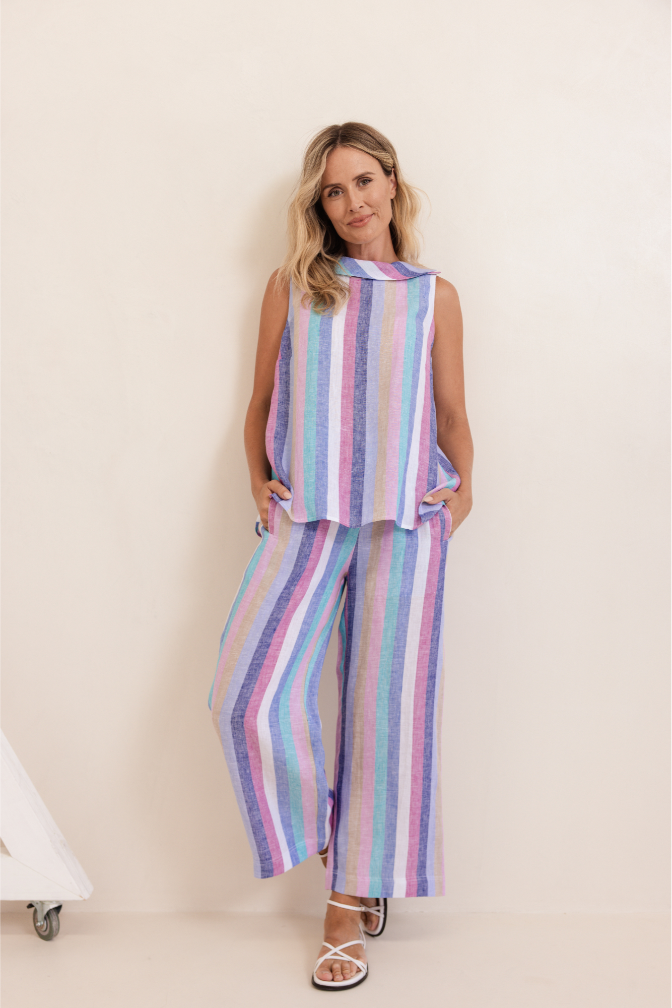 See Saw 7/8 Wide Leg Elastic Waist Pant - Denim/Pink Stripe