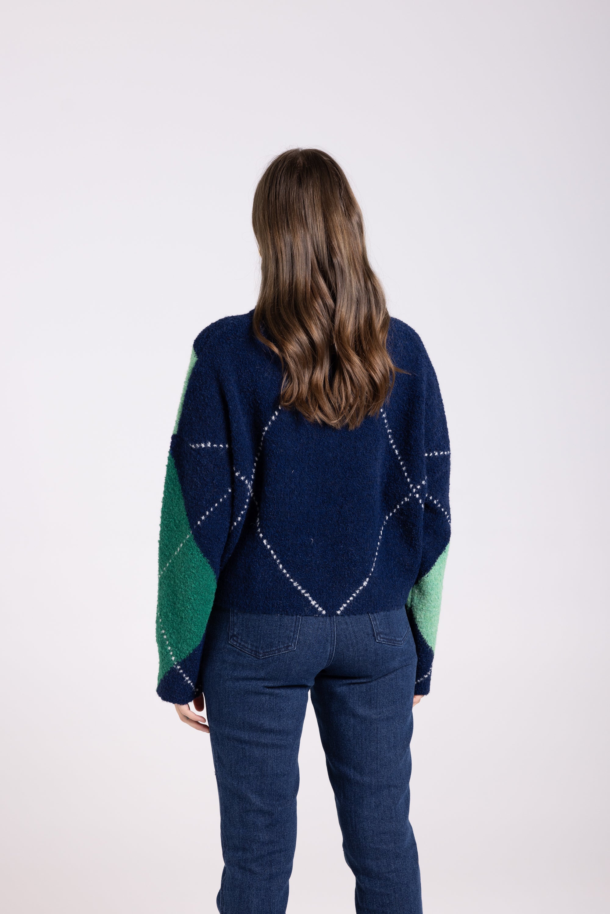 Two-T's High V-Neck with Diamonds Sweater - Navy/Kiwi/Mint